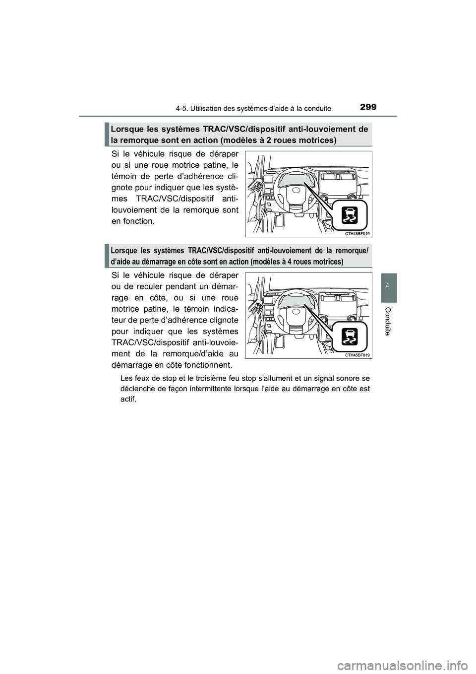 TOYOTA 4RUNNER 2017  Manuel du propriétaire (in French) 2994-5. Utilisation des systèmes d’aide à la conduite
4
Conduite
4RUNNER (D)_(OM35B37D)
Si le véhicule risque de déraper
ou si une roue motrice patine, le
témoin de perte d’adhérence cli-
gn