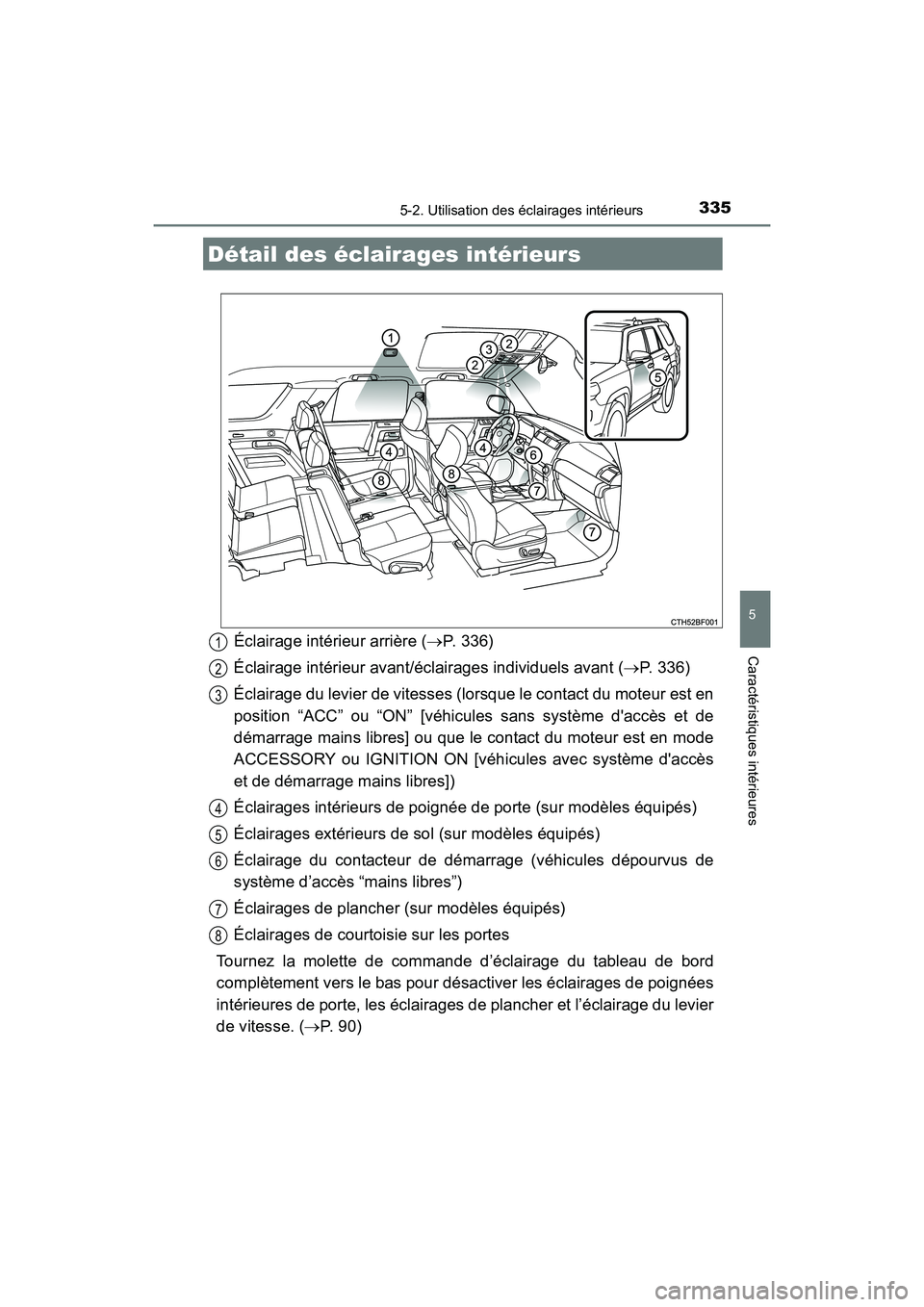 TOYOTA 4RUNNER 2017  Manuel du propriétaire (in French) 335
5
Caractéristiques intérieures
4RUNNER (D)_(OM35B37D)
5-2. Utilisation des éclairages intérieurs
Détail des éclairages intérieurs
Éclairage intérieur arrière (→P. 336)
Éclairage inté