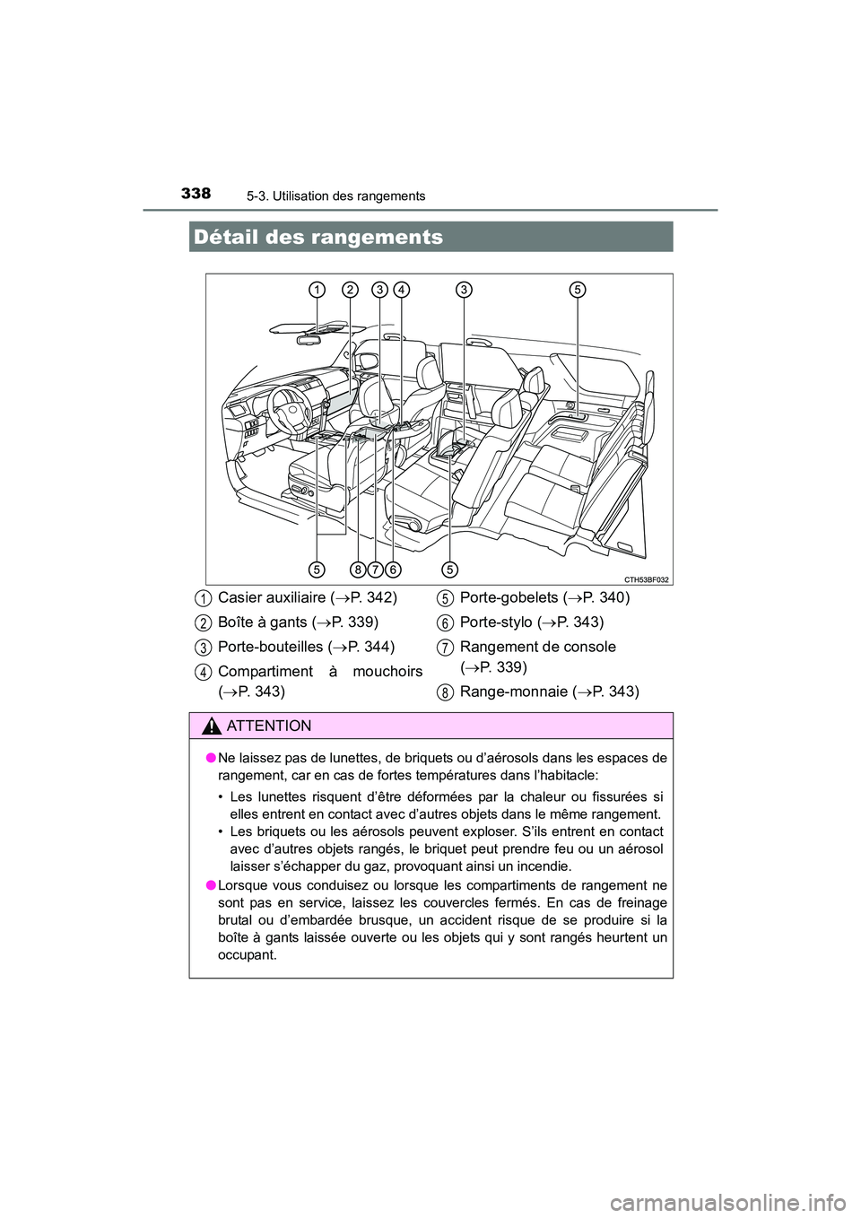 TOYOTA 4RUNNER 2017  Manuel du propriétaire (in French) 338
4RUNNER (D)_(OM35B37D)
5-3. Utilisation des rangements
Détail des rangements
Casier auxiliaire (→P. 342)
Boîte à gants ( →P. 339)
Porte-bouteilles ( →P. 344)
Compartiment à mouchoirs
( 