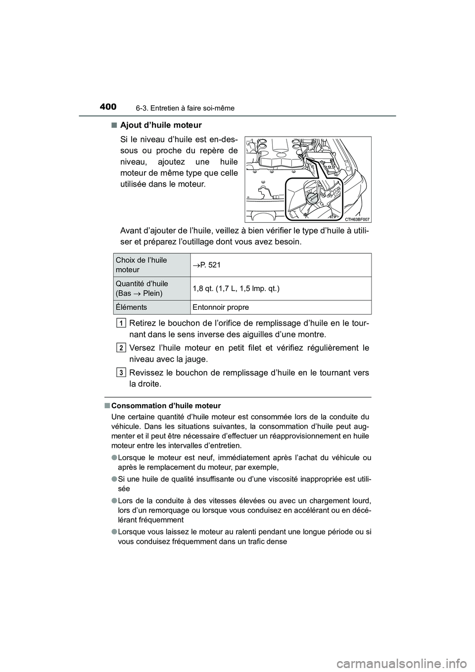 TOYOTA 4RUNNER 2017 Manuel du propriétaire (in French) 4006-3. Entretien à faire soi-même
4RUNNER (D)_(OM35B37D)■
Ajout d’huile moteur
Si le niveau d’huile est en-des-
sous ou proche du repère de
niveau, ajoutez une huile
moteur de même type que TOYOTA 4RUNNER 2017 Manuel du propriétaire (in French) 4006-3. Entretien à faire soi-même
4RUNNER (D)_(OM35B37D)■
Ajout d’huile moteur
Si le niveau d’huile est en-des-
sous ou proche du repère de
niveau, ajoutez une huile
moteur de même type que