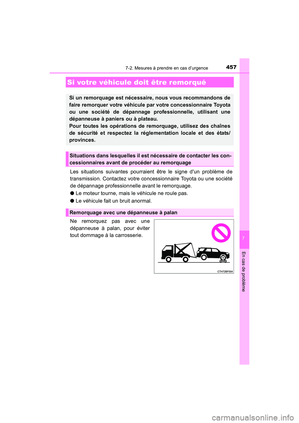 TOYOTA 4RUNNER 2017 Manuel du propriétaire (in French) 457
7
En cas de problème
4RUNNER (D)_(OM35B37D)
7-2. Mesures à prendre en cas d’urgence
Les situations suivantes pourraient être le signe dun problème de
transmission. Contactez votre concessio TOYOTA 4RUNNER 2017 Manuel du propriétaire (in French) 457
7
En cas de problème
4RUNNER (D)_(OM35B37D)
7-2. Mesures à prendre en cas d’urgence
Les situations suivantes pourraient être le signe dun problème de
transmission. Contactez votre concessio