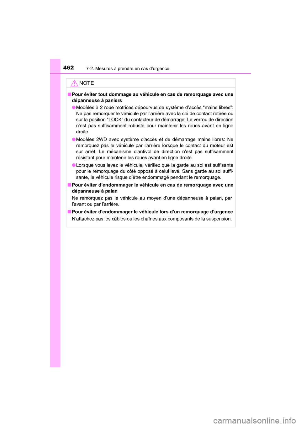 TOYOTA 4RUNNER 2017 Manuel du propriétaire (in French) 4627-2. Mesures à prendre en cas d’urgence
4RUNNER (D)_(OM35B37D)
NOTE
■Pour éviter tout dommage au véhicule en cas de remorquage avec une
dépanneuse à paniers
●Modèles à 2 roue motrices TOYOTA 4RUNNER 2017 Manuel du propriétaire (in French) 4627-2. Mesures à prendre en cas d’urgence
4RUNNER (D)_(OM35B37D)
NOTE
■Pour éviter tout dommage au véhicule en cas de remorquage avec une
dépanneuse à paniers
●Modèles à 2 roue motrices