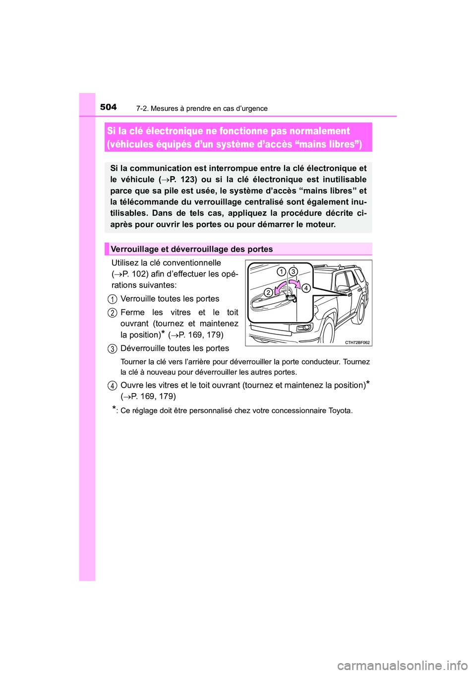 TOYOTA 4RUNNER 2017 Manuel du propriétaire (in French) 5047-2. Mesures à prendre en cas d’urgence
4RUNNER (D)_(OM35B37D)
Utilisez la clé conventionnelle
(→ P. 102) afin d’effectuer les opé-
rations suivantes:
Verrouille toutes les portes
Ferme l TOYOTA 4RUNNER 2017 Manuel du propriétaire (in French) 5047-2. Mesures à prendre en cas d’urgence
4RUNNER (D)_(OM35B37D)
Utilisez la clé conventionnelle
(→ P. 102) afin d’effectuer les opé-
rations suivantes:
Verrouille toutes les portes
Ferme l