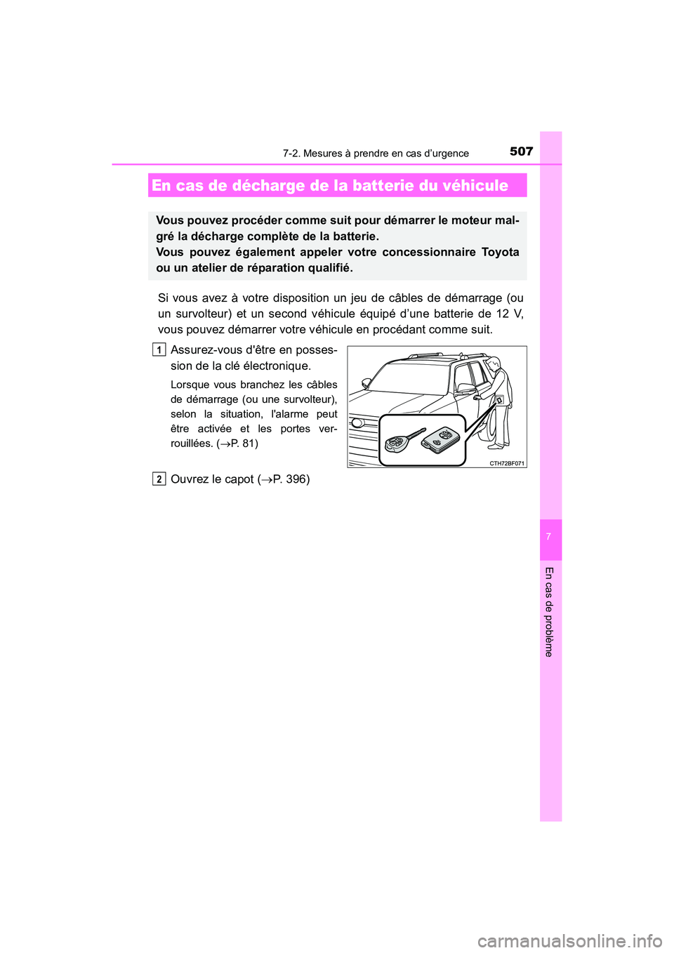 TOYOTA 4RUNNER 2017 Manuel du propriétaire (in French) 5077-2. Mesures à prendre en cas d’urgence
7
En cas de problème
4RUNNER (D)_(OM35B37D)
Si vous avez à votre disposition un jeu de câbles de démarrage (ou
un survolteur) et un second véhicule TOYOTA 4RUNNER 2017 Manuel du propriétaire (in French) 5077-2. Mesures à prendre en cas d’urgence
7
En cas de problème
4RUNNER (D)_(OM35B37D)
Si vous avez à votre disposition un jeu de câbles de démarrage (ou
un survolteur) et un second véhicule