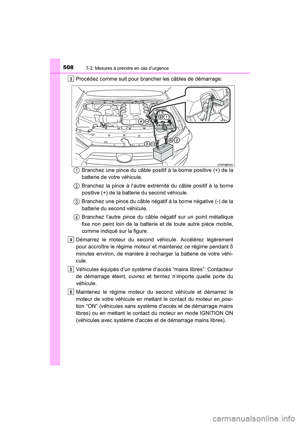 TOYOTA 4RUNNER 2017 Manuel du propriétaire (in French) 5087-2. Mesures à prendre en cas d’urgence
4RUNNER (D)_(OM35B37D)
Procédez comme suit pour brancher les câbles de démarrage:Branchez une pince du câble positif à la borne positive (+) de la
ba TOYOTA 4RUNNER 2017 Manuel du propriétaire (in French) 5087-2. Mesures à prendre en cas d’urgence
4RUNNER (D)_(OM35B37D)
Procédez comme suit pour brancher les câbles de démarrage:Branchez une pince du câble positif à la borne positive (+) de la
ba