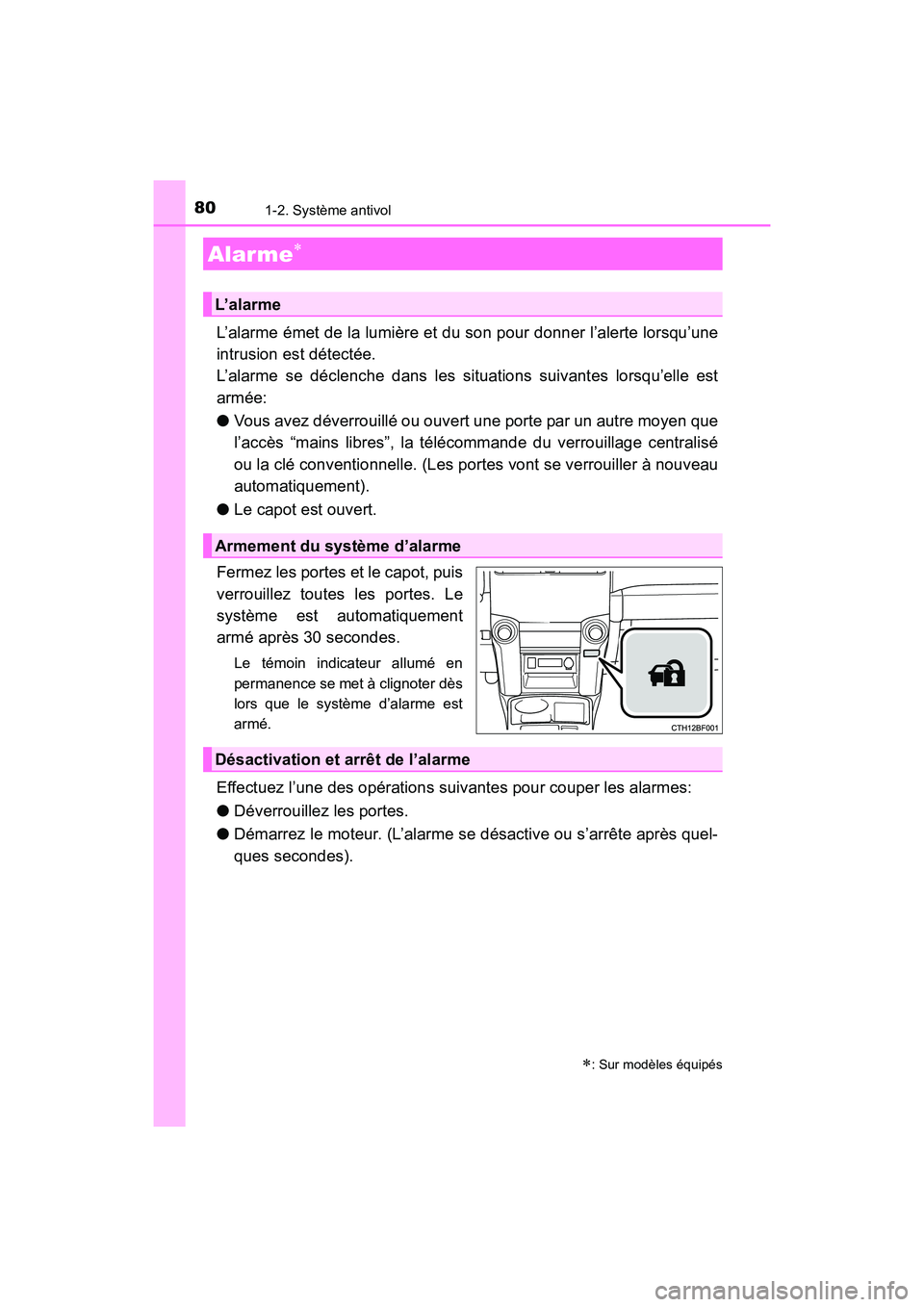 TOYOTA 4RUNNER 2017 Manuel du propriétaire (in French) 801-2. Système antivol
4RUNNER (D)_(OM35B37D)
L’alarme émet de la lumière et du son pour donner l’alerte lorsqu’une
intrusion est détectée.
L’alarme se déclenche dans les situations suiv TOYOTA 4RUNNER 2017 Manuel du propriétaire (in French) 801-2. Système antivol
4RUNNER (D)_(OM35B37D)
L’alarme émet de la lumière et du son pour donner l’alerte lorsqu’une
intrusion est détectée.
L’alarme se déclenche dans les situations suiv