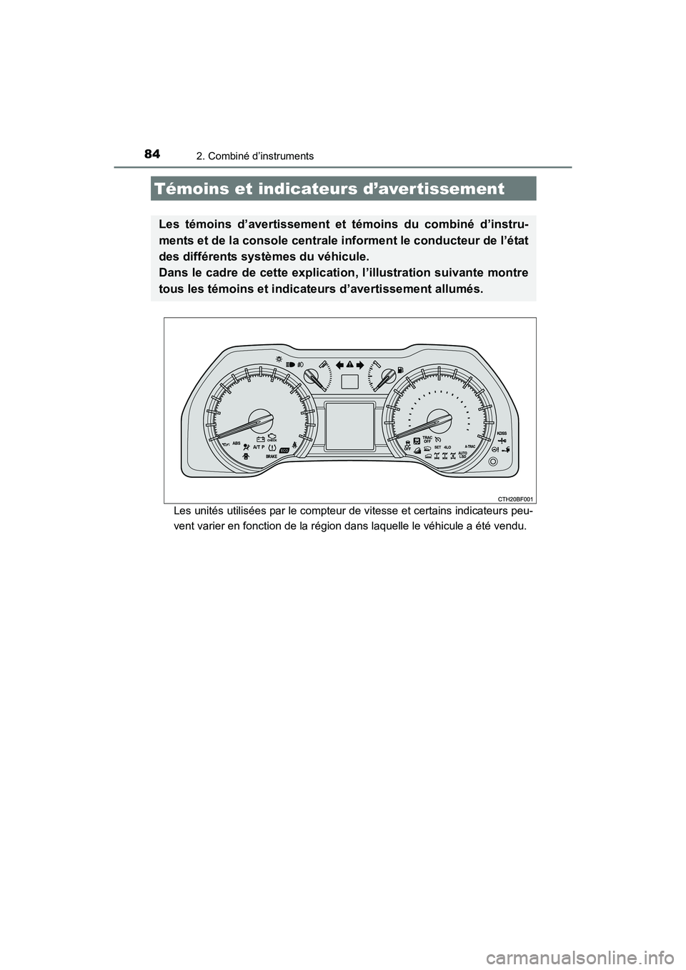 TOYOTA 4RUNNER 2017 Manuel du propriétaire (in French) 84
4RUNNER (D)_(OM35B37D)
2. Combiné d’instruments
Les unités utilisées par le compteur de vitesse et certains indicateurs peu-
vent varier en fonction de la région dans laquelle le véhicule a TOYOTA 4RUNNER 2017 Manuel du propriétaire (in French) 84
4RUNNER (D)_(OM35B37D)
2. Combiné d’instruments
Les unités utilisées par le compteur de vitesse et certains indicateurs peu-
vent varier en fonction de la région dans laquelle le véhicule a