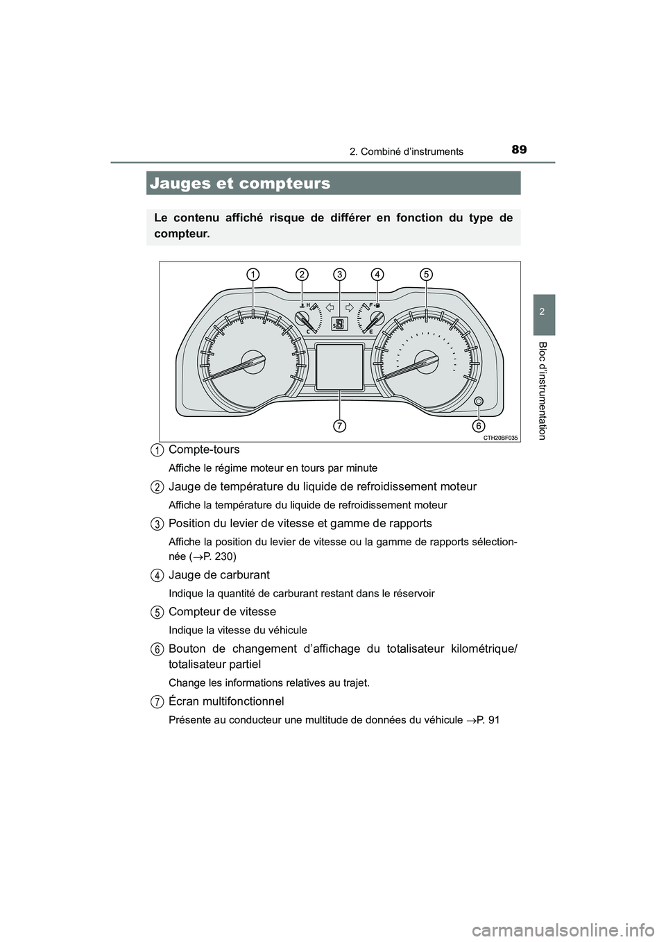 TOYOTA 4RUNNER 2017 Manuel du propriétaire (in French) 892. Combiné d’instruments
2
Bloc d’instrumentation
4RUNNER (D)_(OM35B37D)
Compte-tours
Affiche le régime moteur en tours par minute
Jauge de température du liquide de refroidissement moteur
Af TOYOTA 4RUNNER 2017 Manuel du propriétaire (in French) 892. Combiné d’instruments
2
Bloc d’instrumentation
4RUNNER (D)_(OM35B37D)
Compte-tours
Affiche le régime moteur en tours par minute
Jauge de température du liquide de refroidissement moteur
Af