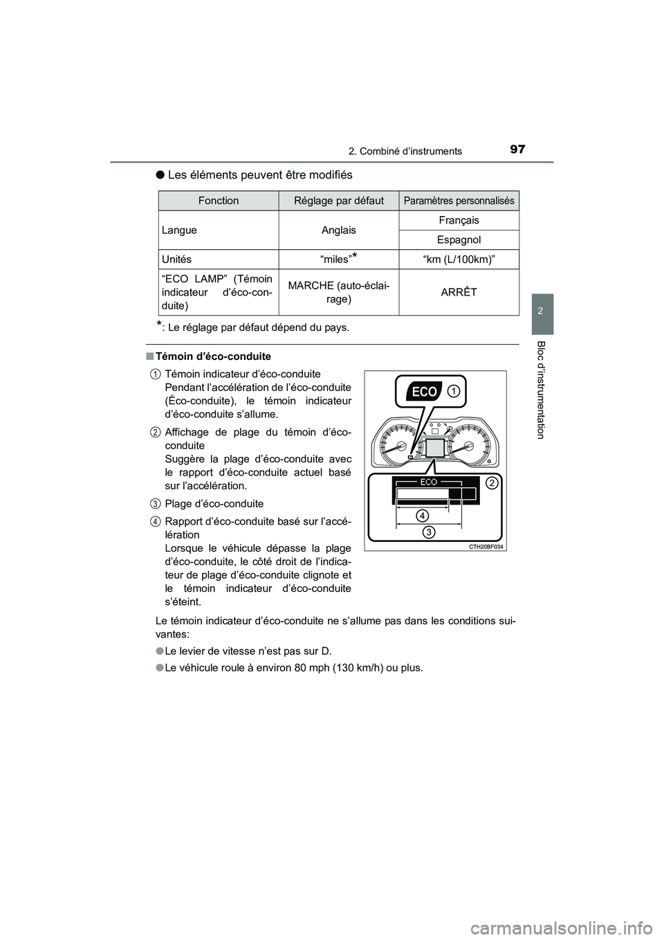 TOYOTA 4RUNNER 2017 Manuel du propriétaire (in French) 972. Combiné d’instruments
2
Bloc d’instrumentation
4RUNNER (D)_(OM35B37D)
●Les éléments peuvent être modifiés
*: Le réglage par défaut dépend du pays.
■Témoin d’éco-conduite
Le t TOYOTA 4RUNNER 2017 Manuel du propriétaire (in French) 972. Combiné d’instruments
2
Bloc d’instrumentation
4RUNNER (D)_(OM35B37D)
●Les éléments peuvent être modifiés
*: Le réglage par défaut dépend du pays.
■Témoin d’éco-conduite
Le t