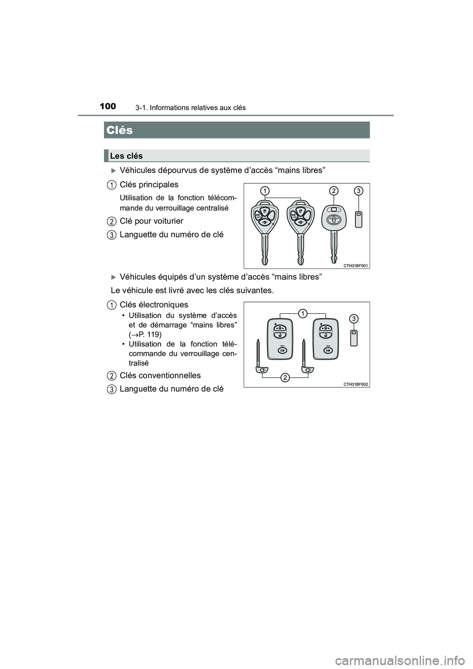 TOYOTA 4RUNNER 2015  Manuel du propriétaire (in French) 100
4RUNNER (D)_(OM35B18D)
3-1. Informations relatives aux clés
�XVéhicules dépourvus de système d’accès “mains libres”
Clés principales
Utilisation de la fonction télécom-
mande du verr