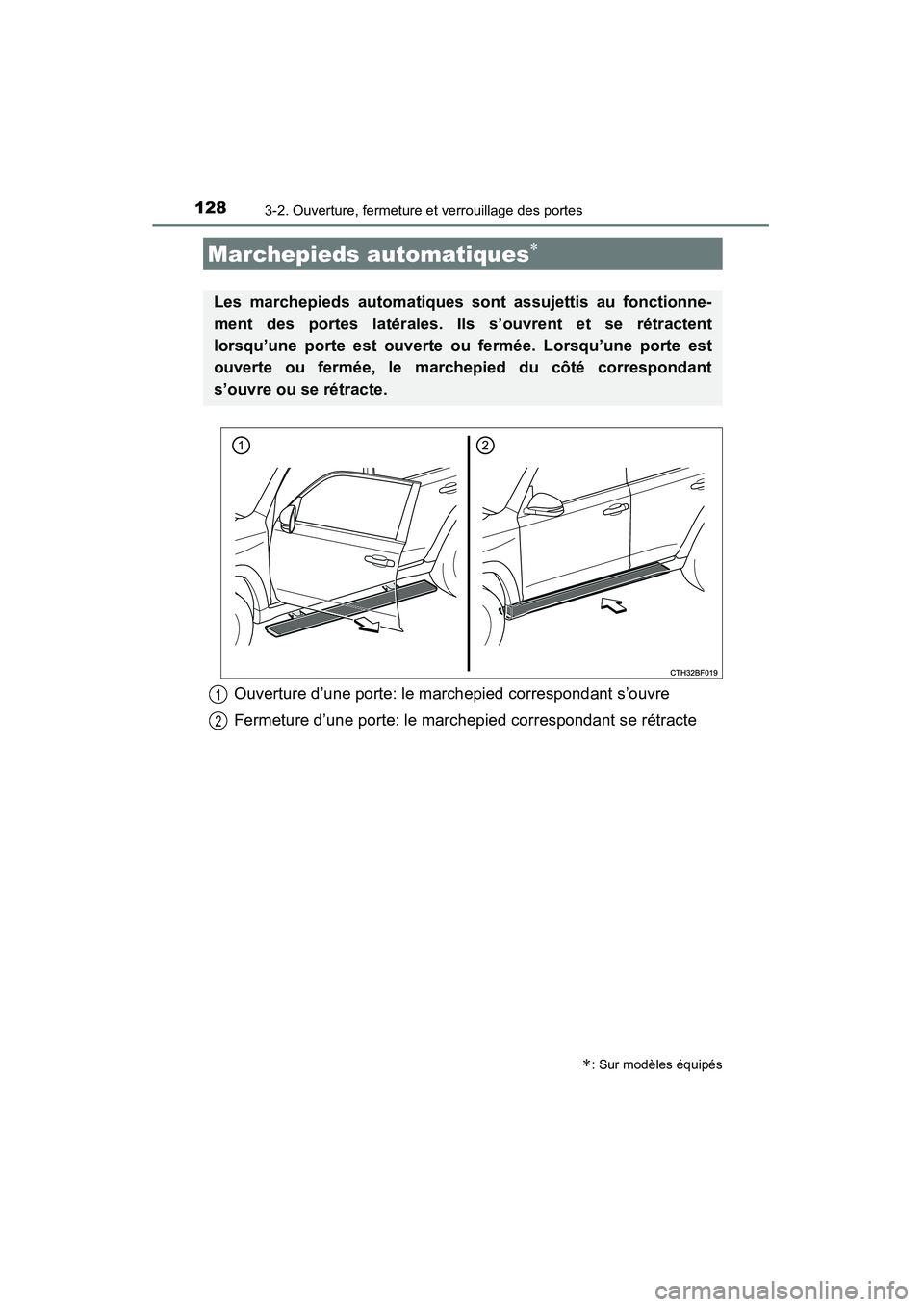 TOYOTA 4RUNNER 2015  Manuel du propriétaire (in French) 1283-2. Ouverture, fermeture et verrouillage des portes
4RUNNER (D)_(OM35B18D)
Ouverture d’une porte: le marchepied correspondant s’ouvre 
Fermeture d’une porte: le marchepied correspondant se r