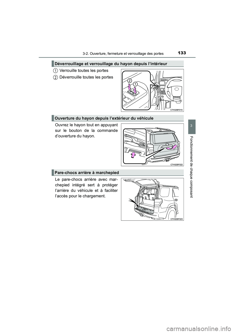 TOYOTA 4RUNNER 2015  Manuel du propriétaire (in French) 1333-2. Ouverture, fermeture et verrouillage des portes
3
Fonctionnement de chaque composant
4RUNNER (D)_(OM35B18D)
Verrouille toutes les portes
Déverrouille toutes les portes
Ouvrez le hayon tout en