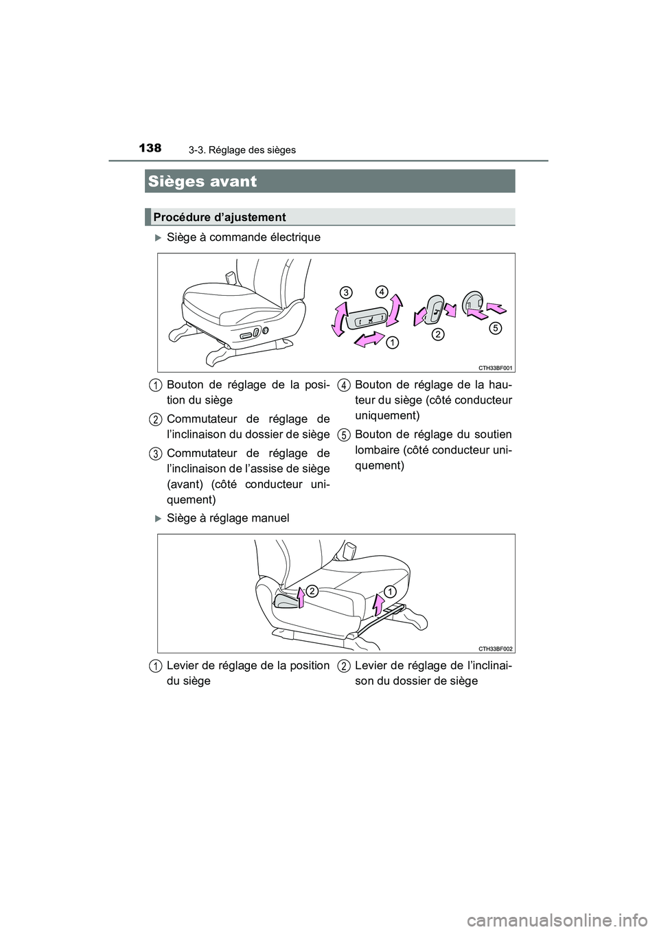 TOYOTA 4RUNNER 2015  Manuel du propriétaire (in French) 138
4RUNNER (D)_(OM35B18D)
3-3. Réglage des sièges
Sièges avant
Procédure d’ajustement
�XSiège à commande électrique
Bouton de réglage de la posi-
tion du siège
Commutateur de réglage de
l