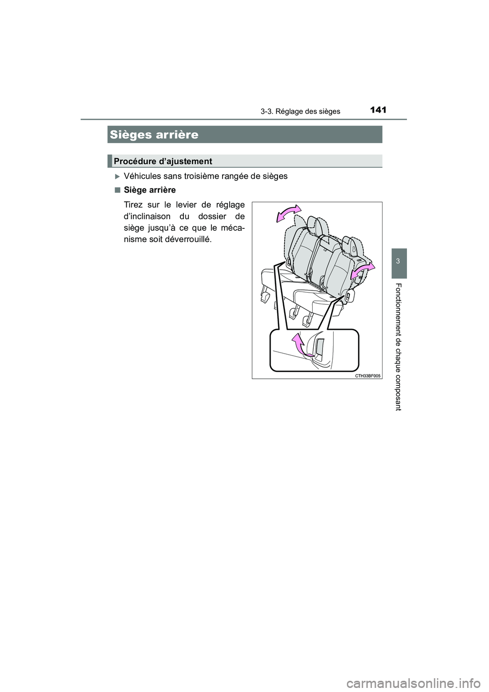 TOYOTA 4RUNNER 2015  Manuel du propriétaire (in French) 1413-3. Réglage des sièges
3
Fonctionnement de chaque composant
4RUNNER (D)_(OM35B18D)
�XVéhicules sans troisième rangée de sièges
■Siège arrière
Tirez sur le levier de réglage
d’inclinai