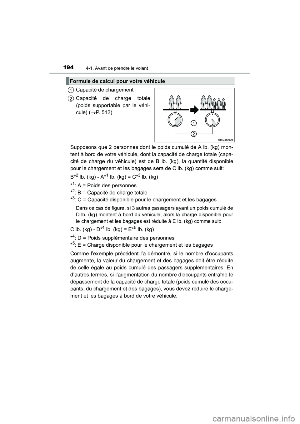 TOYOTA 4RUNNER 2015 Manuel du propriétaire (in French) 1944-1. Avant de prendre le volant
4RUNNER (D)_(OM35B18D)
Capacité de chargement
Capacité de charge totale
(poids supportable par le véhi-
cule) (→P. 512)
Supposons que 2 personnes dont le poids TOYOTA 4RUNNER 2015 Manuel du propriétaire (in French) 1944-1. Avant de prendre le volant
4RUNNER (D)_(OM35B18D)
Capacité de chargement
Capacité de charge totale
(poids supportable par le véhi-
cule) (→P. 512)
Supposons que 2 personnes dont le poids