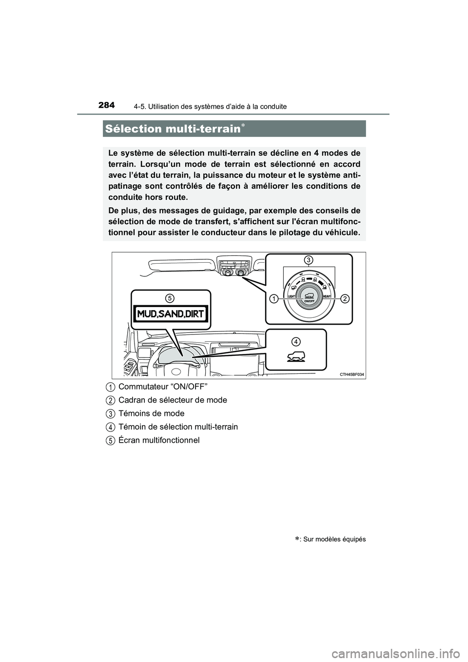 TOYOTA 4RUNNER 2015 Manuel du propriétaire (in French) 2844-5. Utilisation des systèmes d’aide à la conduite
4RUNNER (D)_(OM35B18D)
Sélection multi-terrain∗
∗: Sur modèles équipés
Le système de sélection multi-terrain se décline en 4 modes TOYOTA 4RUNNER 2015 Manuel du propriétaire (in French) 2844-5. Utilisation des systèmes d’aide à la conduite
4RUNNER (D)_(OM35B18D)
Sélection multi-terrain∗
∗: Sur modèles équipés
Le système de sélection multi-terrain se décline en 4 modes