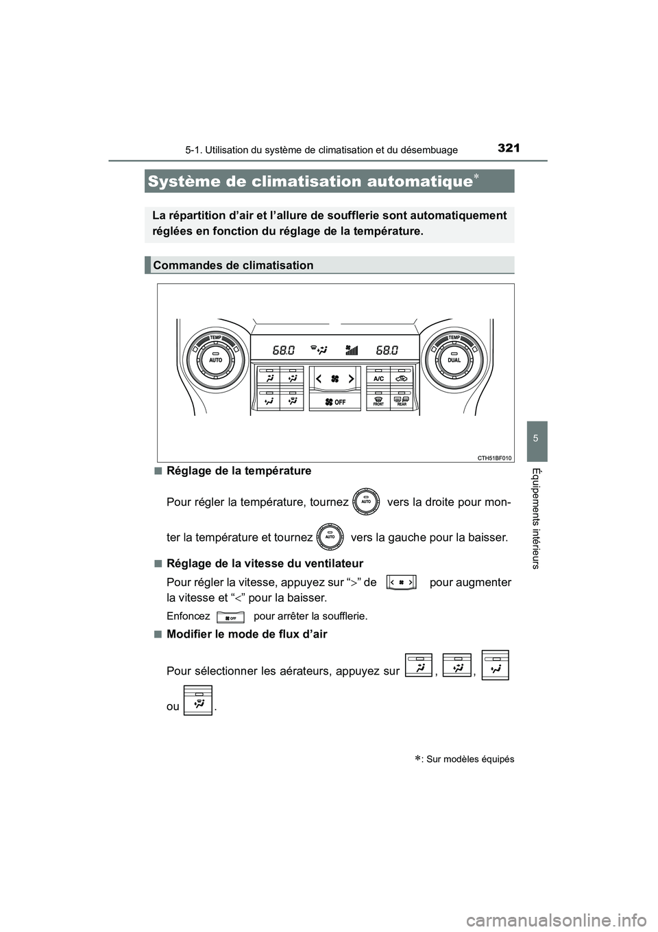 TOYOTA 4RUNNER 2015 Manuel du propriétaire (in French) 3215-1. Utilisation du système de climatisation et du désembuage
5
Équipements intérieurs
4RUNNER (D)_(OM35B18D)■
Réglage de la température
Pour régler la température, tournez vers la droi TOYOTA 4RUNNER 2015 Manuel du propriétaire (in French) 3215-1. Utilisation du système de climatisation et du désembuage
5
Équipements intérieurs
4RUNNER (D)_(OM35B18D)■
Réglage de la température
Pour régler la température, tournez vers la droi