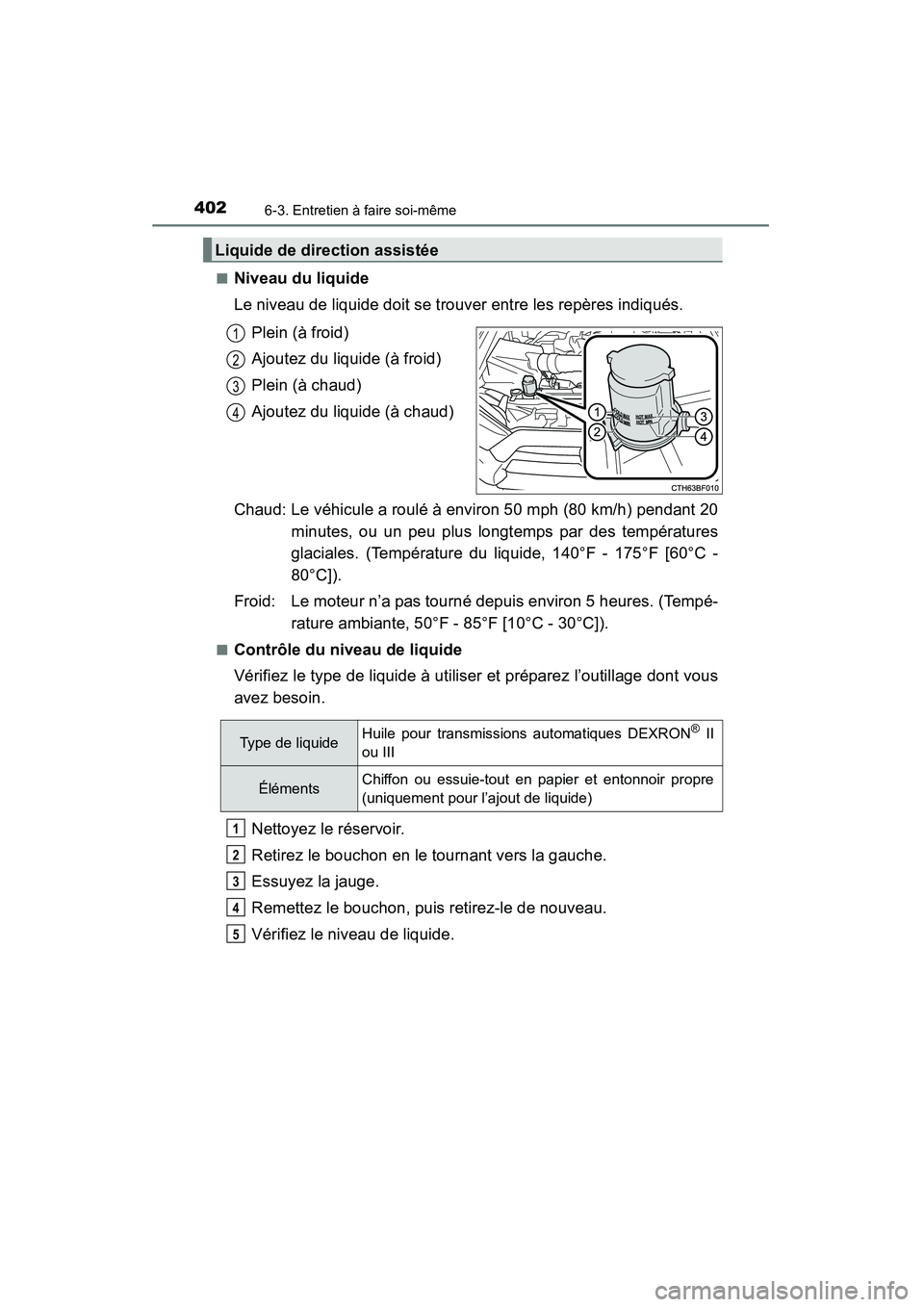 TOYOTA 4RUNNER 2015 Manuel du propriétaire (in French) 4026-3. Entretien à faire soi-même
4RUNNER (D)_(OM35B18D)■
Niveau du liquide
Le niveau de liquide doit se trouver entre les repères indiqués.
Plein (à froid)
Ajoutez du liquide (à froid)
Plein TOYOTA 4RUNNER 2015 Manuel du propriétaire (in French) 4026-3. Entretien à faire soi-même
4RUNNER (D)_(OM35B18D)■
Niveau du liquide
Le niveau de liquide doit se trouver entre les repères indiqués.
Plein (à froid)
Ajoutez du liquide (à froid)
Plein