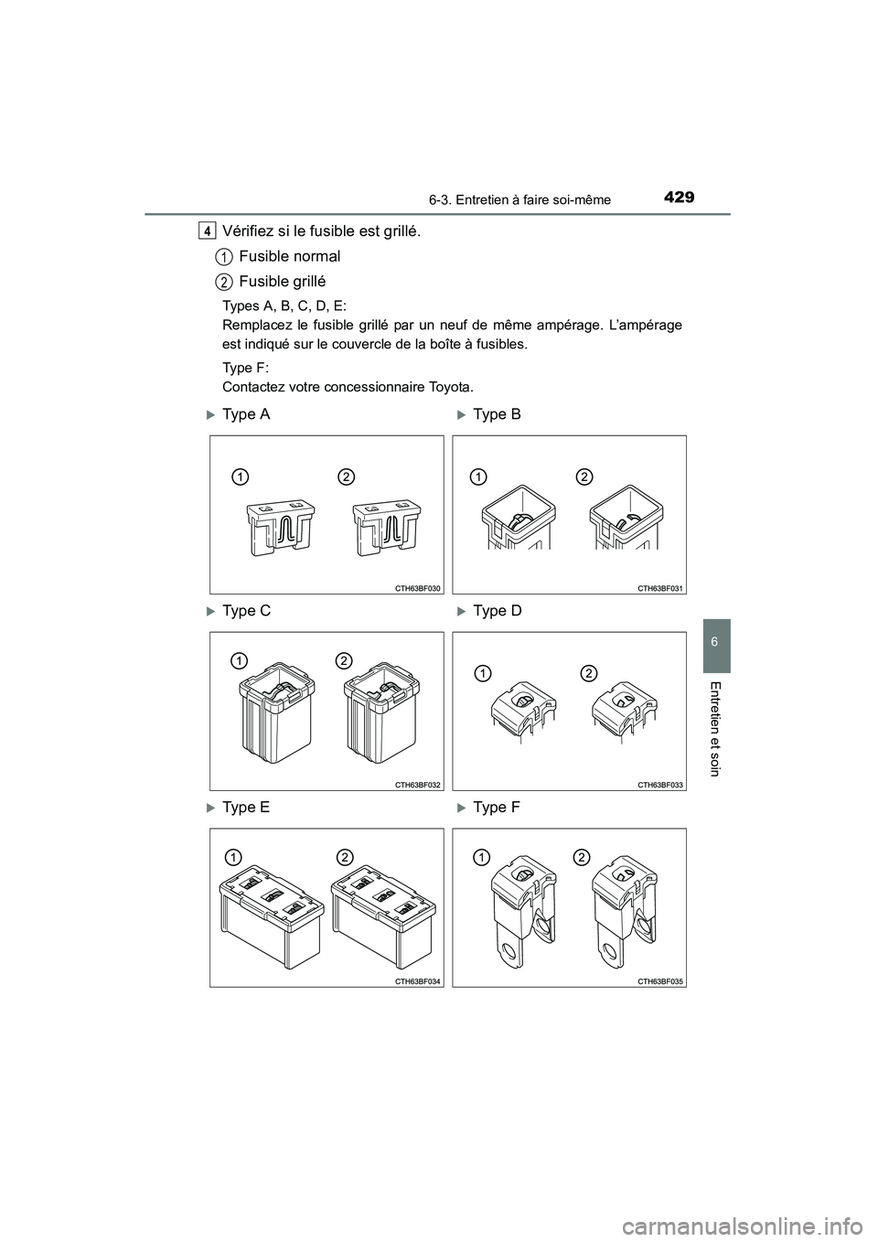 TOYOTA 4RUNNER 2015  Manuel du propriétaire (in French) 4296-3. Entretien à faire soi-même
6
4RUNNER (D)_(OM35B18D)
Entretien et soin
Vérifiez si le fusible est grillé.Fusible normal
Fusible grillé
Types A, B, C, D, E:
Remplacez le fusible grillé par