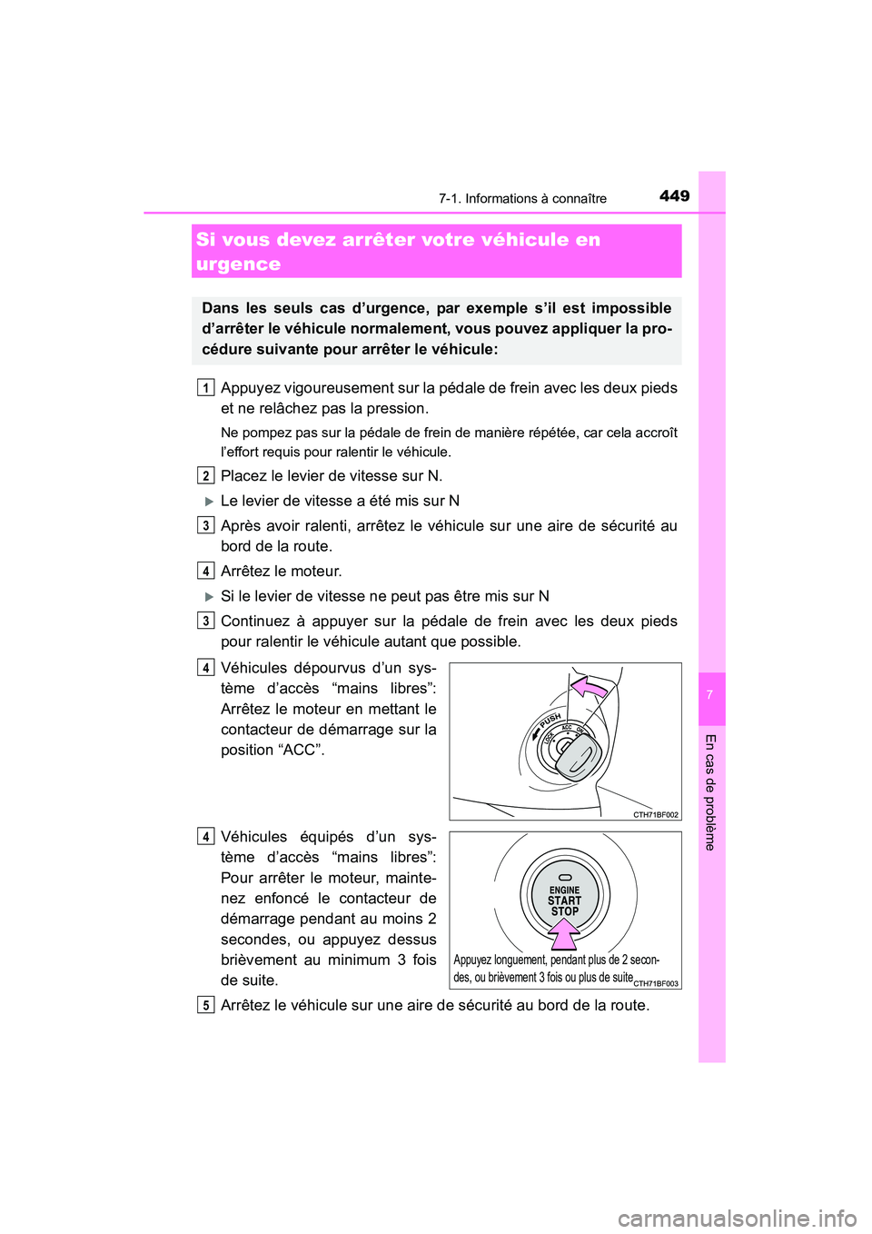 TOYOTA 4RUNNER 2015  Manuel du propriétaire (in French) 4497-1. Informations à connaître
7
En cas de problème
4RUNNER (D)_(OM35B18D)
Appuyez vigoureusement sur la pédale de frein avec les deux pieds
et ne relâchez pas la pression.
Ne pompez pas sur la