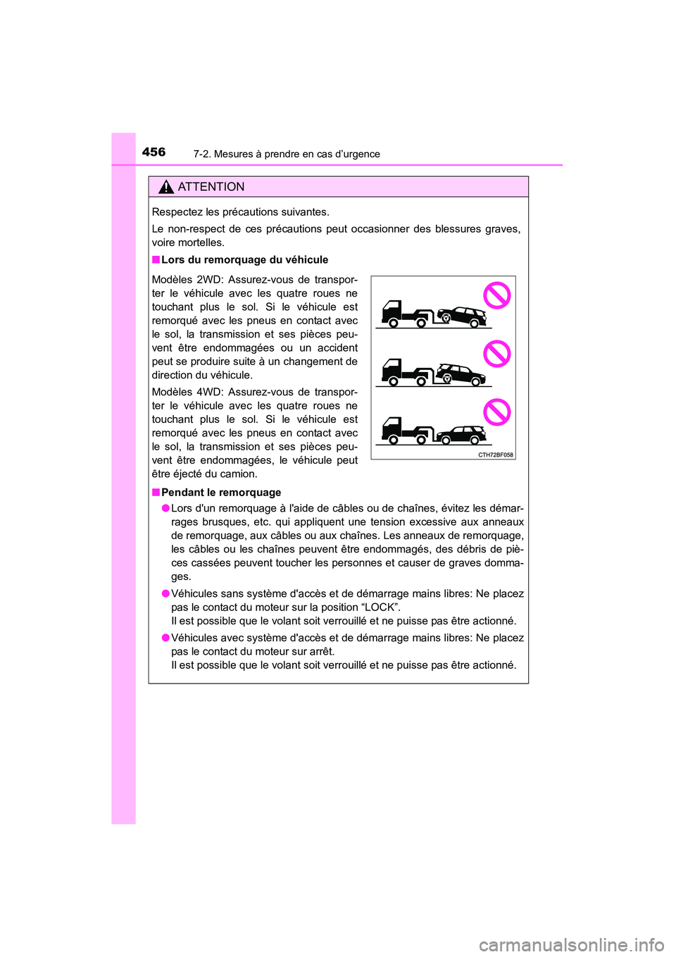 TOYOTA 4RUNNER 2015  Manuel du propriétaire (in French) 4567-2. Mesures à prendre en cas d’urgence
4RUNNER (D)_(OM35B18D)
AT T E N T I O N
Respectez les précautions suivantes.
Le non-respect de ces précautions peut occasionner des blessures graves,
vo