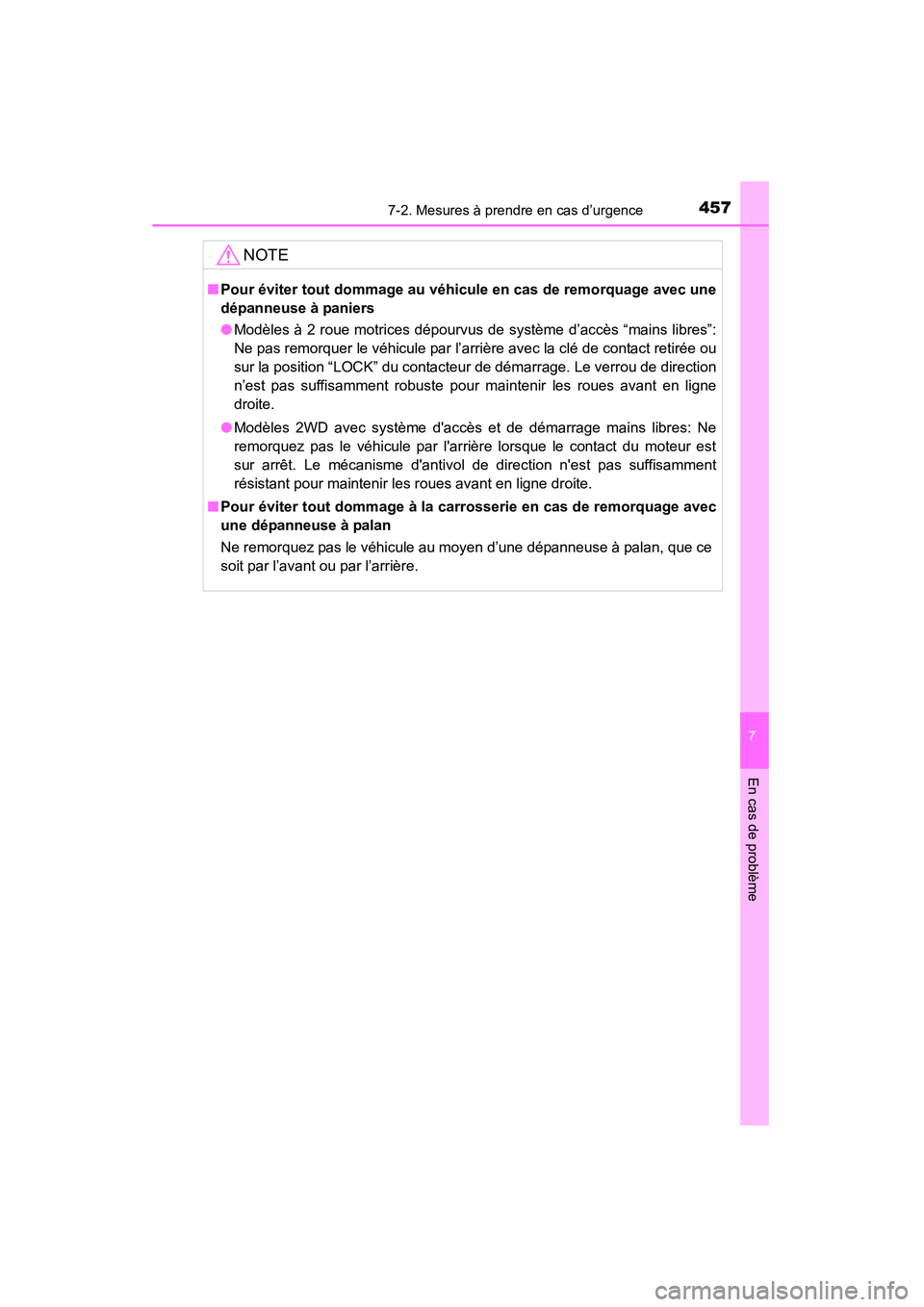TOYOTA 4RUNNER 2015  Manuel du propriétaire (in French) 4577-2. Mesures à prendre en cas d’urgence
7
En cas de problème
4RUNNER (D)_(OM35B18D)
NOTE
■Pour éviter tout dommage au véhicule en cas de remorquage avec une
dépanneuse à paniers
●Modèl