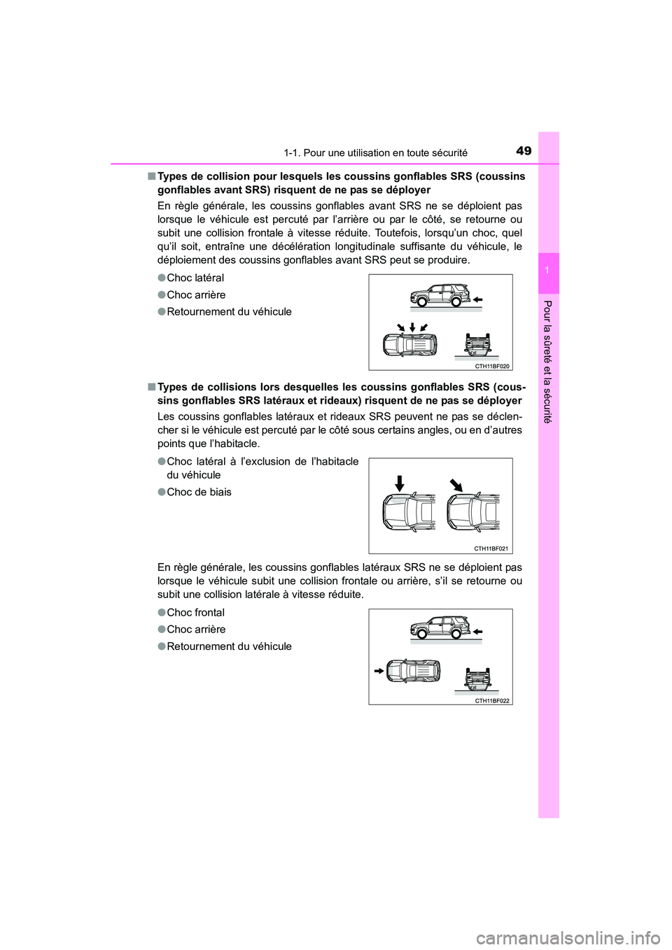 TOYOTA 4RUNNER 2015  Manuel du propriétaire (in French) 491-1. Pour une utilisation en toute sécurité
1
Pour la sûreté et la sécurité
4RUNNER (D)_(OM35B18D)■
Types de collision pour lesquels les coussins gonflables SRS (coussins
gonflables avant SR