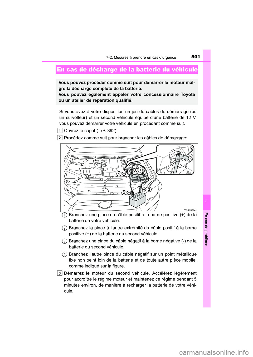TOYOTA 4RUNNER 2015  Manuel du propriétaire (in French) 5017-2. Mesures à prendre en cas d’urgence
7
En cas de problème
4RUNNER (D)_(OM35B18D)
Si vous avez à votre disposition un jeu de câbles de démarrage (ou
un survolteur) et un second véhicule 
