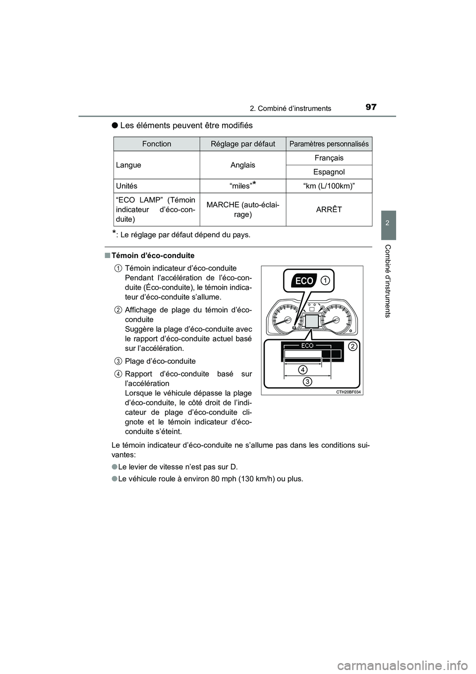 TOYOTA 4RUNNER 2015  Manuel du propriétaire (in French) 972. Combiné d’instruments
2
Combiné d’instruments
4RUNNER (D)_(OM35B18D)
●Les éléments peuvent être modifiés 
*: Le réglage par défaut dépend du pays.
■Témoin d’éco-conduite
Le t