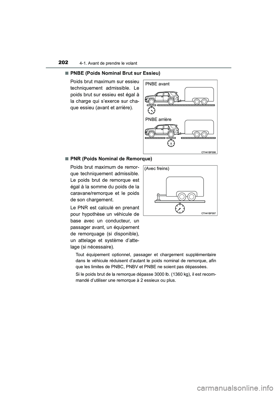 TOYOTA 4RUNNER 2014 Manuel du propriétaire (in French) 2024-1. Avant de prendre le volant
4RUNNER (D)_(OM35A83D)■
PNBE (Poids Nominal Brut sur Essieu)
Poids brut maximum sur essieu
techniquement admissible. Le
poids brut sur essieu est égal à
la charg TOYOTA 4RUNNER 2014 Manuel du propriétaire (in French) 2024-1. Avant de prendre le volant
4RUNNER (D)_(OM35A83D)■
PNBE (Poids Nominal Brut sur Essieu)
Poids brut maximum sur essieu
techniquement admissible. Le
poids brut sur essieu est égal à
la charg
