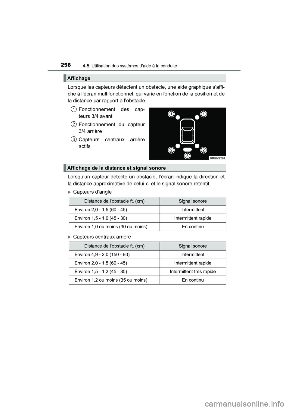 TOYOTA 4RUNNER 2014 Manuel du propriétaire (in French) 2564-5. Utilisation des systèmes d’aide à la conduite
4RUNNER (D)_(OM35A83D)
Lorsque les capteurs détectent un obstacle, une aide graphique s’affi-
che à l’écran multifonctionnel, qui varie TOYOTA 4RUNNER 2014 Manuel du propriétaire (in French) 2564-5. Utilisation des systèmes d’aide à la conduite
4RUNNER (D)_(OM35A83D)
Lorsque les capteurs détectent un obstacle, une aide graphique s’affi-
che à l’écran multifonctionnel, qui varie