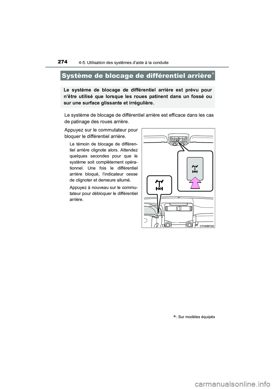 TOYOTA 4RUNNER 2014 Manuel du propriétaire (in French) 2744-5. Utilisation des systèmes d’aide à la conduite
4RUNNER (D)_(OM35A83D)
Le système de blocage de différentiel arrière est efficace dans les cas
de patinage des roues arrière.
Appuyez sur TOYOTA 4RUNNER 2014 Manuel du propriétaire (in French) 2744-5. Utilisation des systèmes d’aide à la conduite
4RUNNER (D)_(OM35A83D)
Le système de blocage de différentiel arrière est efficace dans les cas
de patinage des roues arrière.
Appuyez sur
