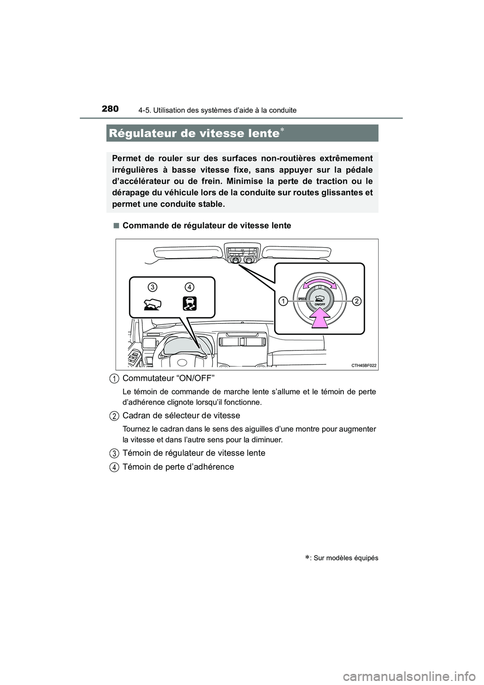 TOYOTA 4RUNNER 2014 Manuel du propriétaire (in French) 2804-5. Utilisation des systèmes d’aide à la conduite
4RUNNER (D)_(OM35A83D)■
Commande de régulateur de vitesse lente
Régulateur de vitesse lente∗
∗: Sur modèles équipés
Permet de roule TOYOTA 4RUNNER 2014 Manuel du propriétaire (in French) 2804-5. Utilisation des systèmes d’aide à la conduite
4RUNNER (D)_(OM35A83D)■
Commande de régulateur de vitesse lente
Régulateur de vitesse lente∗
∗: Sur modèles équipés
Permet de roule