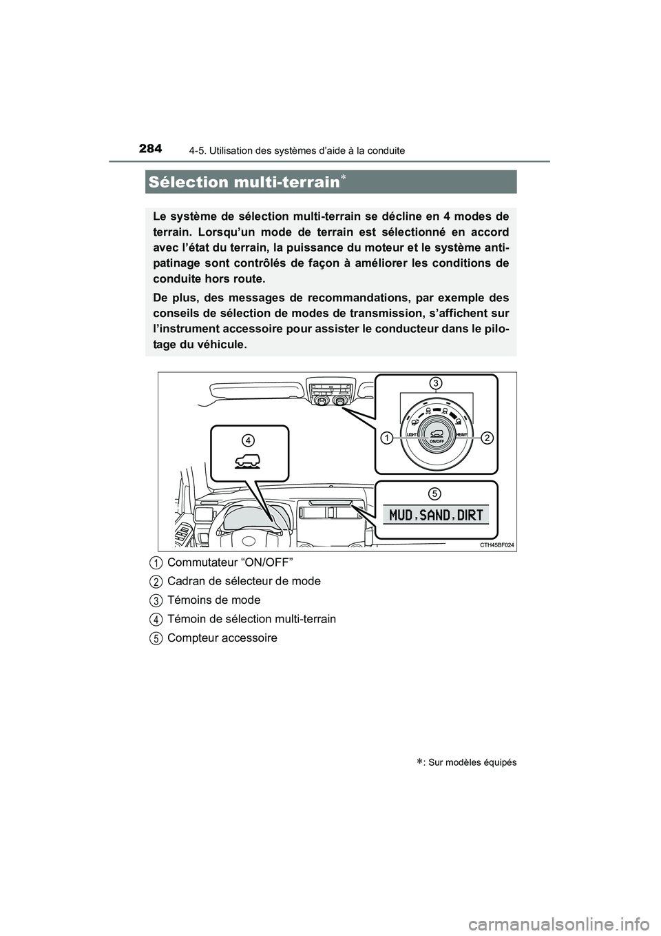 TOYOTA 4RUNNER 2014 Manuel du propriétaire (in French) 2844-5. Utilisation des systèmes d’aide à la conduite
4RUNNER (D)_(OM35A83D)
Sélection multi-terrain∗
∗: Sur modèles équipés
Le système de sélection multi-terrain se décline en 4 modes TOYOTA 4RUNNER 2014 Manuel du propriétaire (in French) 2844-5. Utilisation des systèmes d’aide à la conduite
4RUNNER (D)_(OM35A83D)
Sélection multi-terrain∗
∗: Sur modèles équipés
Le système de sélection multi-terrain se décline en 4 modes