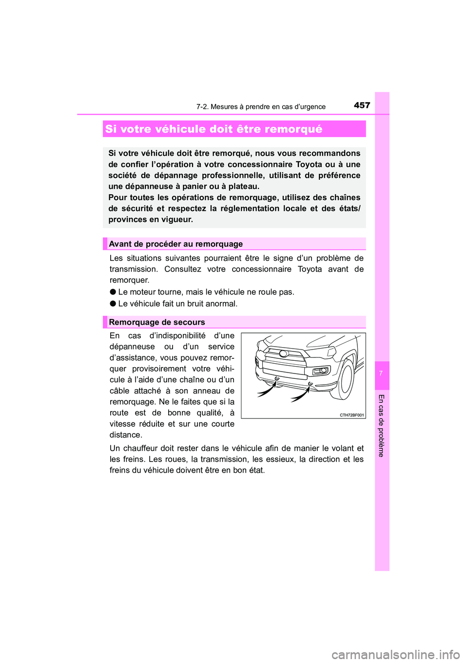 TOYOTA 4RUNNER 2014 Manuel du propriétaire (in French) 457
7
En cas de problème
4RUNNER (D)_(OM35A83D)
7-2. Mesures à prendre en cas d’urgence
Les situations suivantes pourraient être le signe d’un problème de
transmission. Consultez votre concess TOYOTA 4RUNNER 2014 Manuel du propriétaire (in French) 457
7
En cas de problème
4RUNNER (D)_(OM35A83D)
7-2. Mesures à prendre en cas d’urgence
Les situations suivantes pourraient être le signe d’un problème de
transmission. Consultez votre concess