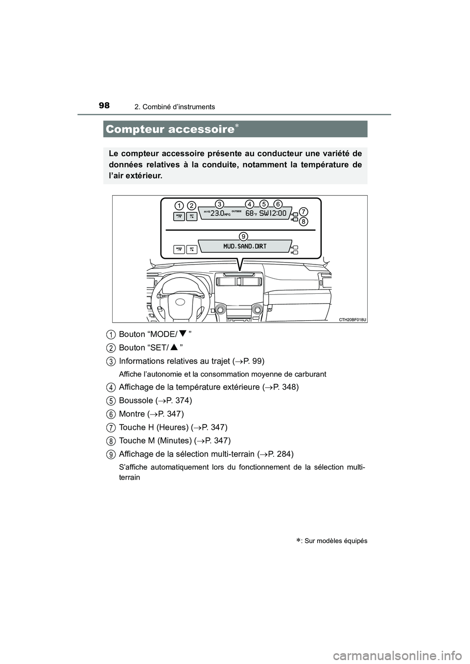 TOYOTA 4RUNNER 2014 Manuel du propriétaire (in French) 982. Combiné d’instruments
4RUNNER (D)_(OM35A83D)
Bouton “MODE/ ”
Bouton “SET/ ”
Informations relatives au trajet (→P. 99)
Affiche l’autonomie et la consommation moyenne de carburant
Af TOYOTA 4RUNNER 2014 Manuel du propriétaire (in French) 982. Combiné d’instruments
4RUNNER (D)_(OM35A83D)
Bouton “MODE/ ”
Bouton “SET/ ”
Informations relatives au trajet (→P. 99)
Affiche l’autonomie et la consommation moyenne de carburant
Af