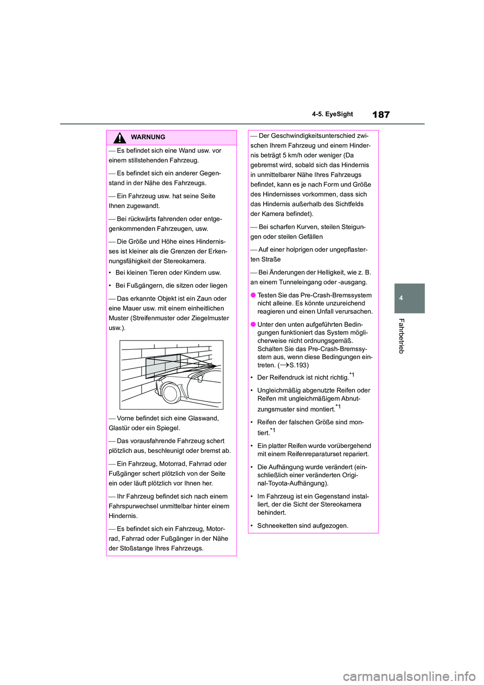 TOYOTA 86 2022  Betriebsanleitungen (in German) 187
4 
4-5. EyeSight
Fahrbetrieb
WARNUNG
  Es befindet sich eine Wand usw. vor  
einem stillstehenden Fahrzeug. 
  Es befindet sich ein anderer Gegen- 
stand in der Nähe des Fahrzeugs. 
  Ei