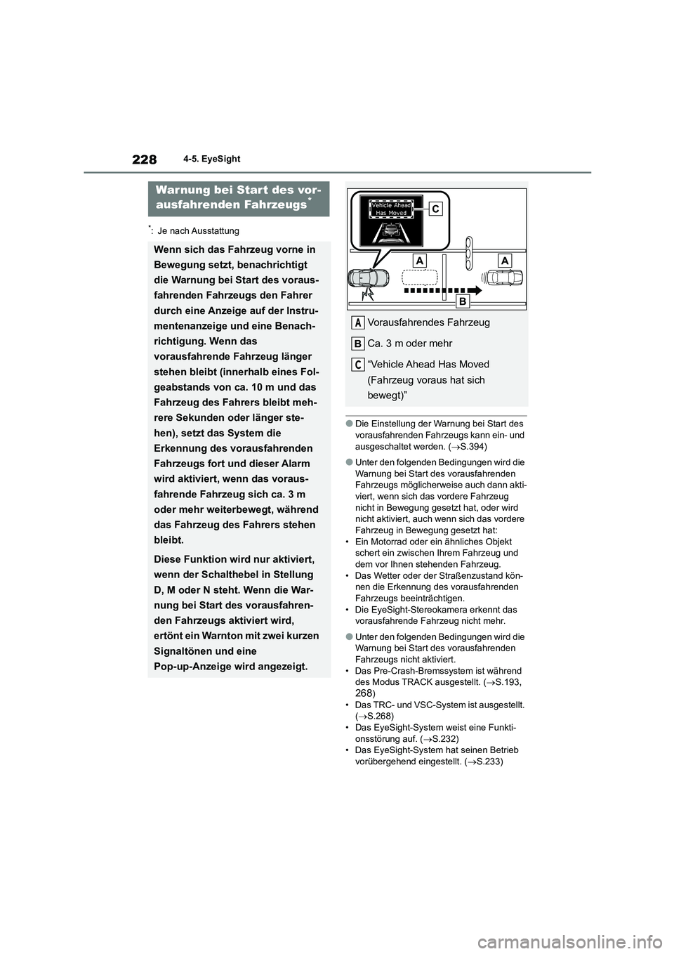 TOYOTA 86 2022 Betriebsanleitungen (in German) 2284-5. EyeSight
*: Je nach Ausstattung
●Die Einstellung der Warnung bei Start des
vorausfahrenden Fahrzeugs kann ein- und
ausgeschaltet werden. ( S.394)
●Unter den folgenden Bedingungen wir TOYOTA 86 2022 Betriebsanleitungen (in German) 2284-5. EyeSight
*: Je nach Ausstattung
●Die Einstellung der Warnung bei Start des
vorausfahrenden Fahrzeugs kann ein- und
ausgeschaltet werden. ( S.394)
●Unter den folgenden Bedingungen wir