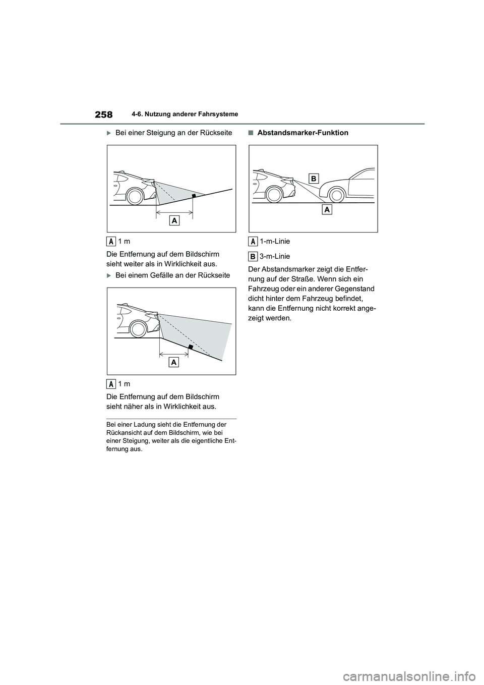 TOYOTA 86 2022 Betriebsanleitungen (in German) 2584-6. Nutzung anderer Fahrsysteme
Bei einer Steigung an der Rückseite
1m
Die Entfernung auf dem Bildschirm
sieht weiter als in Wirklichkeit aus.
Bei einem Gefälle an der Rückseite
1m
TOYOTA 86 2022 Betriebsanleitungen (in German) 2584-6. Nutzung anderer Fahrsysteme
Bei einer Steigung an der Rückseite
1m
Die Entfernung auf dem Bildschirm
sieht weiter als in Wirklichkeit aus.
Bei einem Gefälle an der Rückseite
1m