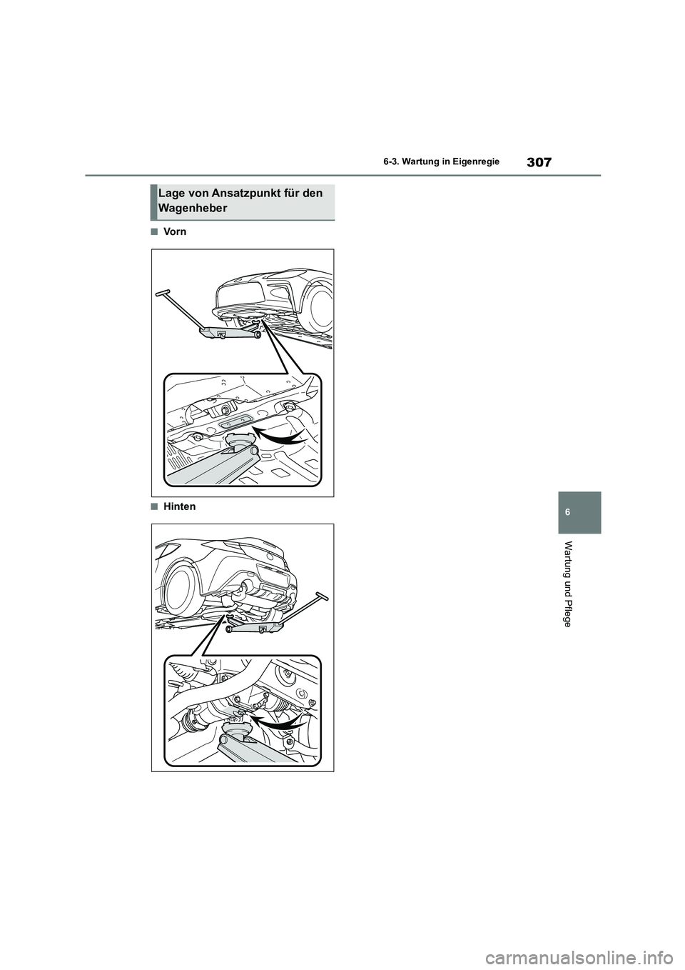TOYOTA 86 2022 Betriebsanleitungen (in German) 307
6
6-3. Wartung in Eigenregie
Wartung und Pflege
■Vo r n
■Hinten
Lage von Ansatzpunkt für den
Wagenheber TOYOTA 86 2022 Betriebsanleitungen (in German) 307
6
6-3. Wartung in Eigenregie
Wartung und Pflege
■Vo r n
■Hinten
Lage von Ansatzpunkt für den
Wagenheber