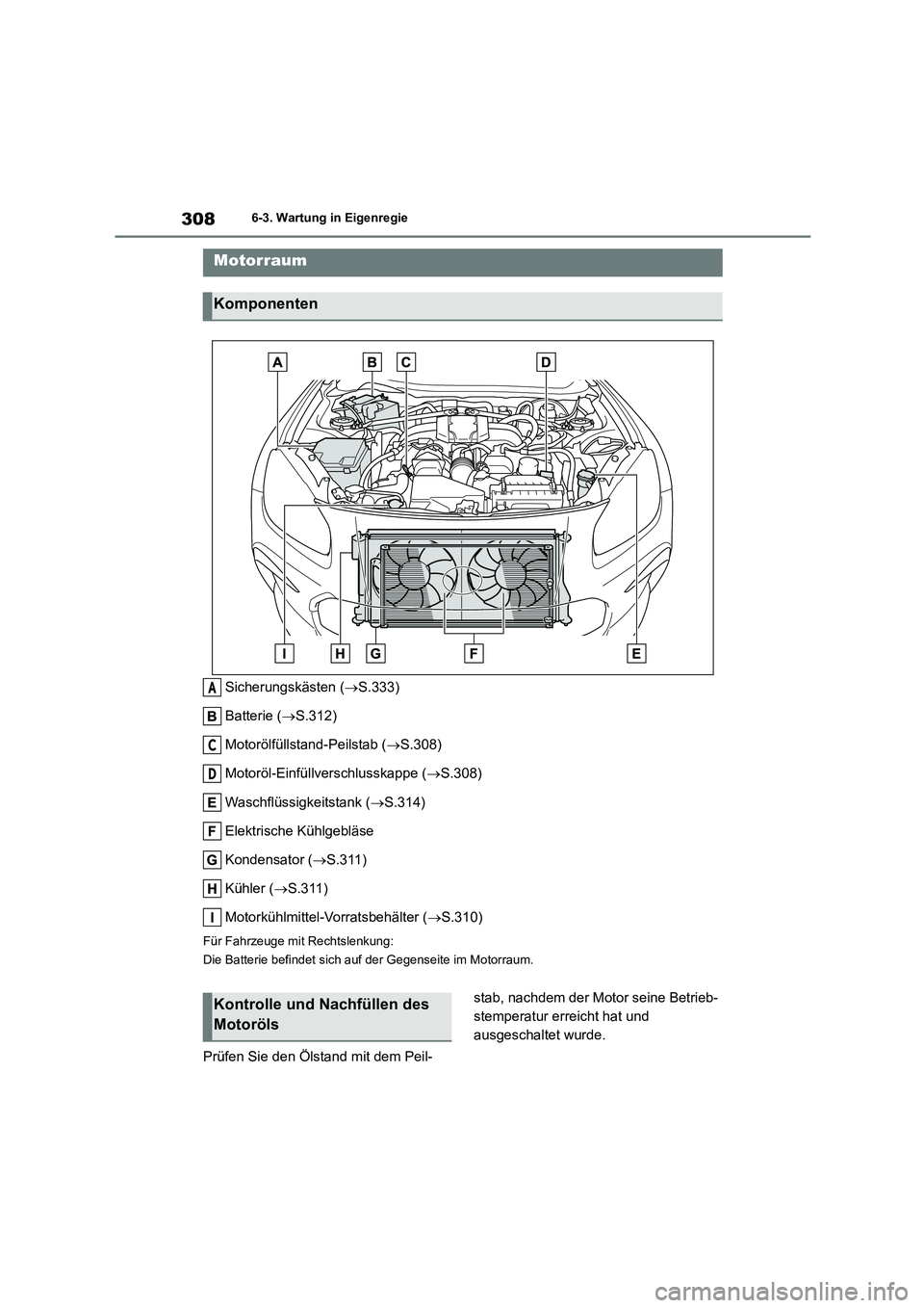 TOYOTA 86 2022 Betriebsanleitungen (in German) 3086-3. Wartung in Eigenregie
Sicherungskästen (S.333)
Batterie ( S.312)
Motorölfüllstand-Peilstab ( S.308)
Motoröl-Einfüllverschlusskappe ( S.308)
Waschflüssigkeitstank ( S.3 TOYOTA 86 2022 Betriebsanleitungen (in German) 3086-3. Wartung in Eigenregie
Sicherungskästen (S.333)
Batterie ( S.312)
Motorölfüllstand-Peilstab ( S.308)
Motoröl-Einfüllverschlusskappe ( S.308)
Waschflüssigkeitstank ( S.3