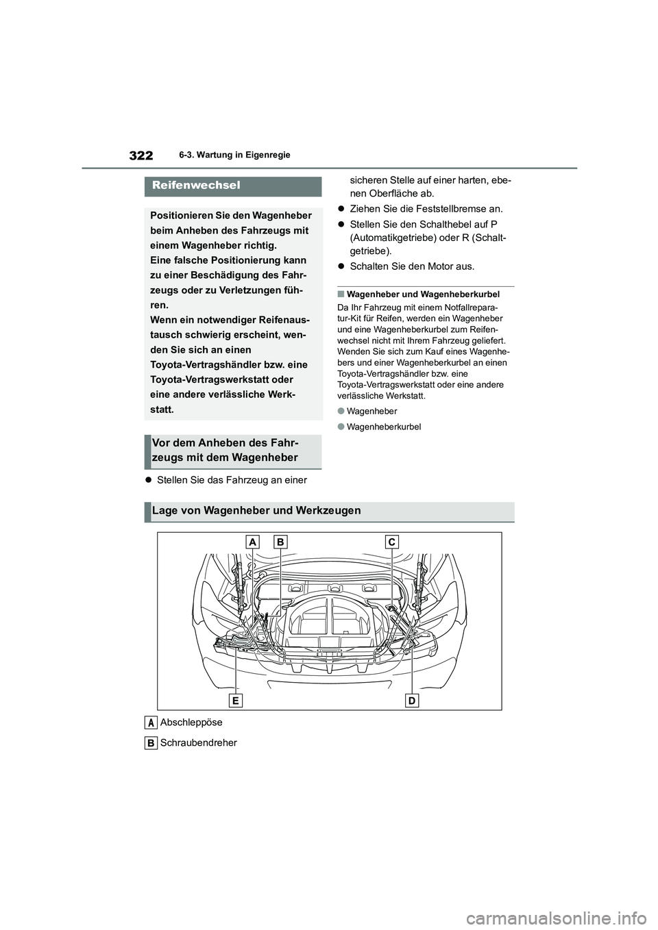 TOYOTA 86 2022 Betriebsanleitungen (in German) 3226-3. Wartung in Eigenregie
Stellen Sie das Fahrzeug an einer
sicheren Stelle auf einer harten, ebe-
nen Oberfläche ab.
Ziehen Sie die Feststellbremse an.
Stellen Sie den Schalthebe TOYOTA 86 2022 Betriebsanleitungen (in German) 3226-3. Wartung in Eigenregie
Stellen Sie das Fahrzeug an einer
sicheren Stelle auf einer harten, ebe-
nen Oberfläche ab.
Ziehen Sie die Feststellbremse an.
Stellen Sie den Schalthebe