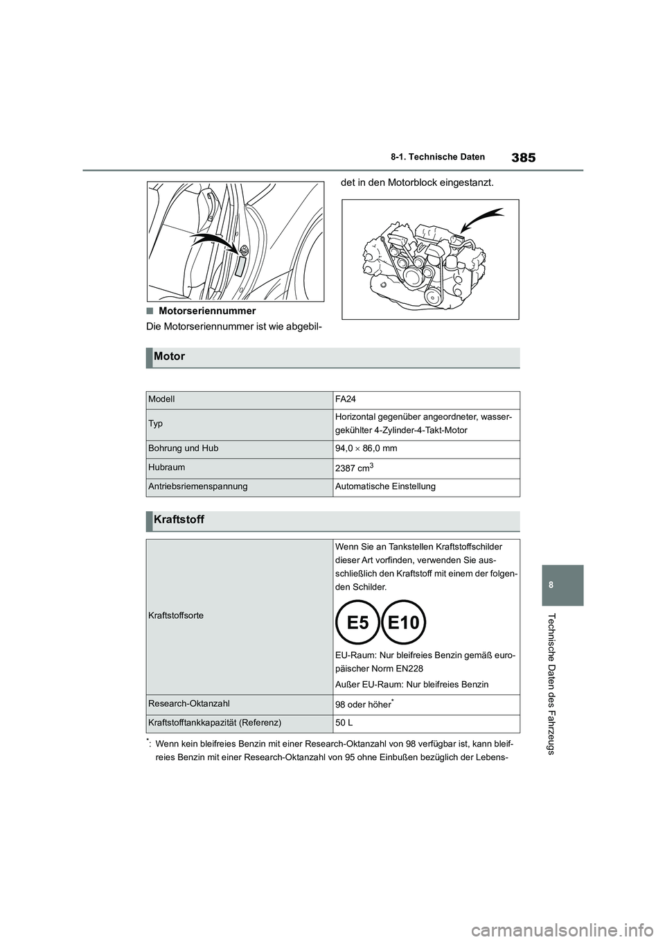 TOYOTA 86 2022 Betriebsanleitungen (in German) 385
8
8-1. Technische Daten
Technische Daten des Fahrzeugs
■Motorseriennummer
Die Motorseriennummer ist wie abgebil-
det in den Motorblock eingestanzt.
*: Wenn kein bleifreies Benzin mit einer Re TOYOTA 86 2022 Betriebsanleitungen (in German) 385
8
8-1. Technische Daten
Technische Daten des Fahrzeugs
■Motorseriennummer
Die Motorseriennummer ist wie abgebil-
det in den Motorblock eingestanzt.
*: Wenn kein bleifreies Benzin mit einer Re