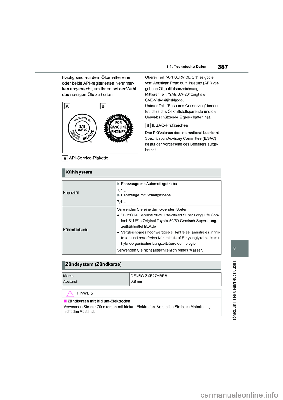 TOYOTA 86 2022 Betriebsanleitungen (in German) 387
8
8-1. Technische Daten
Technische Daten des Fahrzeugs
Häufig sind auf dem Ölbehälter eine
oder beide API-registrierten Kennmar-
ken angebracht, um Ihnen bei der Wahl
des richtigen Öls zu TOYOTA 86 2022 Betriebsanleitungen (in German) 387
8
8-1. Technische Daten
Technische Daten des Fahrzeugs
Häufig sind auf dem Ölbehälter eine
oder beide API-registrierten Kennmar-
ken angebracht, um Ihnen bei der Wahl
des richtigen Öls zu
