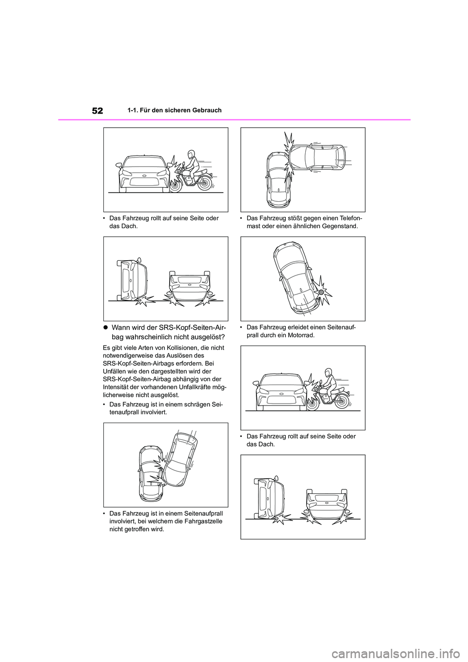 TOYOTA 86 2022  Betriebsanleitungen (in German) 521-1. Für den sicheren Gebrauch 
• Das Fahrzeug rollt auf seine Seite oder  das Dach.
 Wann wird der SRS-Kopf-Seiten-Air- 
bag wahrscheinlich nicht ausgelöst?
Es gibt viele Arten von Kollision