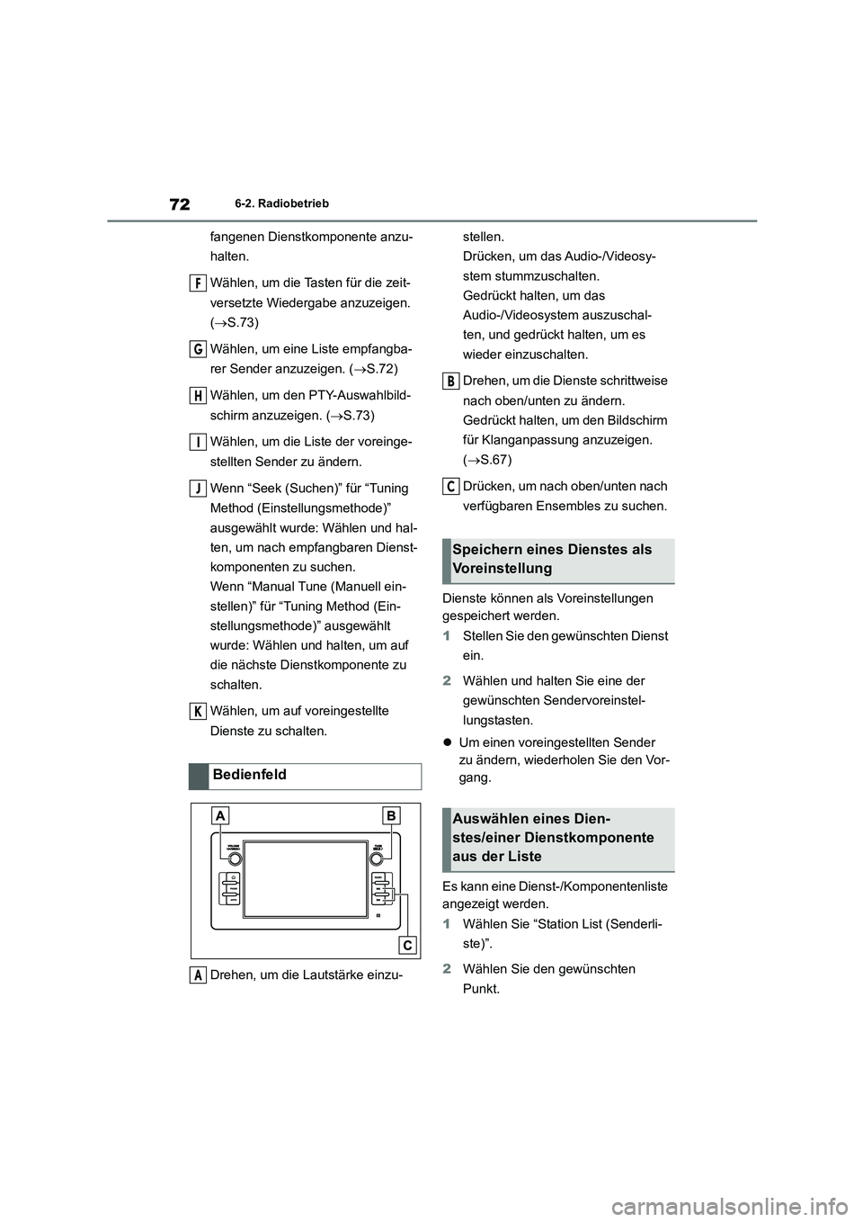 TOYOTA 86 2022 Betriebsanleitungen (in German) 726-2. Radiobetrieb
fangenen Dienstkomponente anzu-
halten.
Wählen, um die Tasten für die zeit-
versetzte Wiedergabe anzuzeigen.
( S.73)
Wählen, um eine Liste empfangba-
rer Sender anzuze TOYOTA 86 2022 Betriebsanleitungen (in German) 726-2. Radiobetrieb
fangenen Dienstkomponente anzu-
halten.
Wählen, um die Tasten für die zeit-
versetzte Wiedergabe anzuzeigen.
( S.73)
Wählen, um eine Liste empfangba-
rer Sender anzuze
