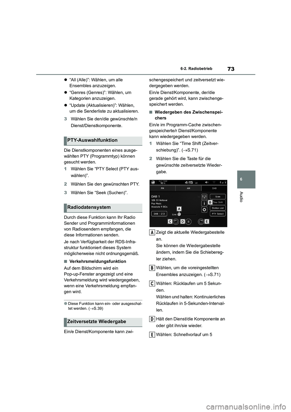 TOYOTA 86 2022 Betriebsanleitungen (in German) 73
6
6-2. Radiobetrieb
Audio
“All (Alle)”: Wählen, um alle
Ensembles anzuzeigen.
“Genres (Genres)”: Wählen, um
Kategorien anzuzeigen.
“Update (Aktualisieren)”: Wählen TOYOTA 86 2022 Betriebsanleitungen (in German) 73
6
6-2. Radiobetrieb
Audio
“All (Alle)”: Wählen, um alle
Ensembles anzuzeigen.
“Genres (Genres)”: Wählen, um
Kategorien anzuzeigen.
“Update (Aktualisieren)”: Wählen