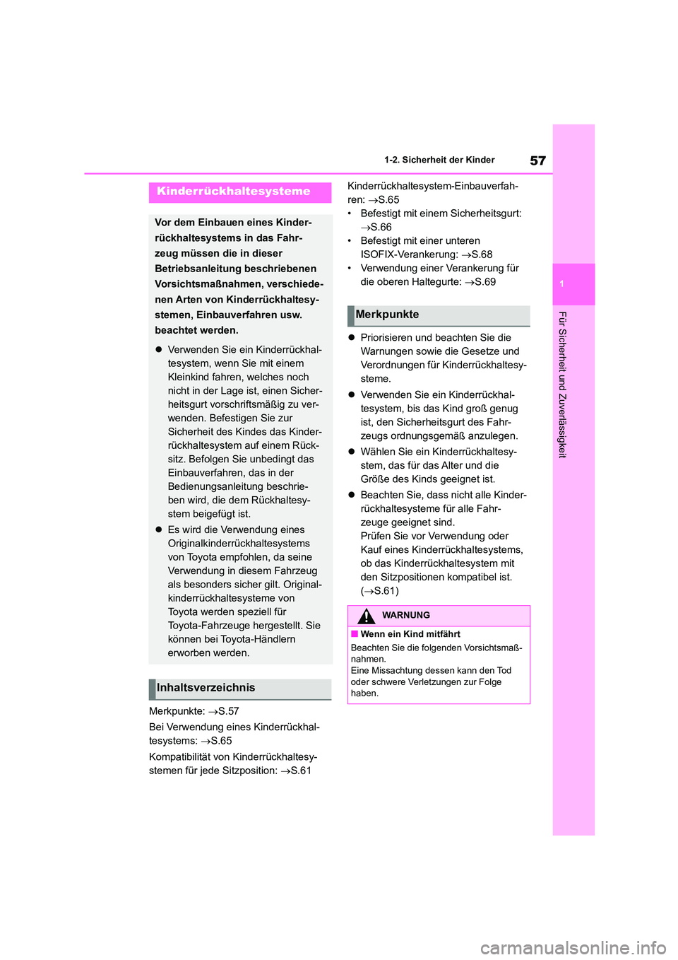 TOYOTA 86 2022  Betriebsanleitungen (in German) 57
1 
1-2. Sicherheit der Kinder
Für Sicherheit und Zuverlässigkeit
Merkpunkte:  S.57 
Bei Verwendung eines Kinderrückhal- 
tesystems:  S.65 
Kompatibilität von  Kinderrückhaltesy- 
stemen 