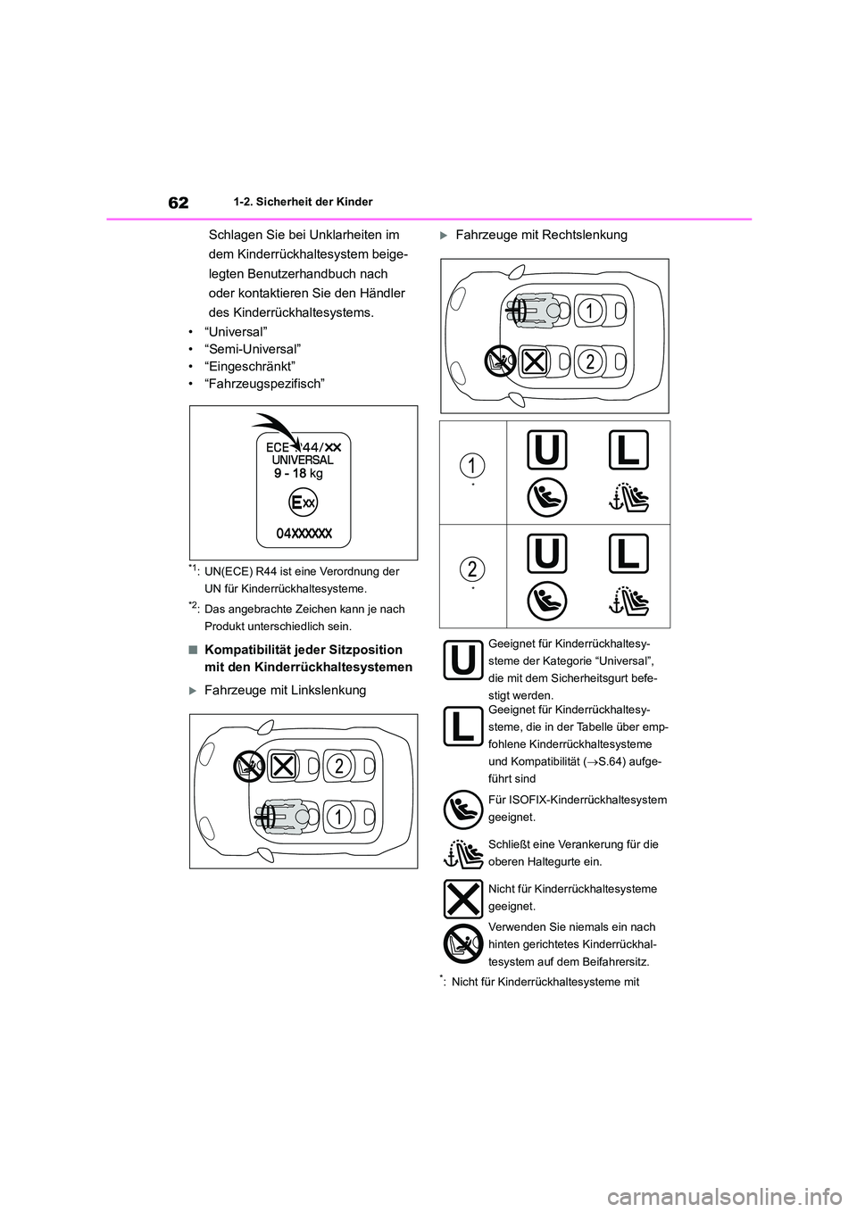 TOYOTA 86 2022  Betriebsanleitungen (in German) 621-2. Sicherheit der Kinder
Schlagen Sie bei Unklarheiten im  
dem Kinderrückhaltesystem beige-
legten Benutzerhandbuch nach 
oder kontaktieren Sie den Händler 
des Kinderrückhaltesystems.
•“U