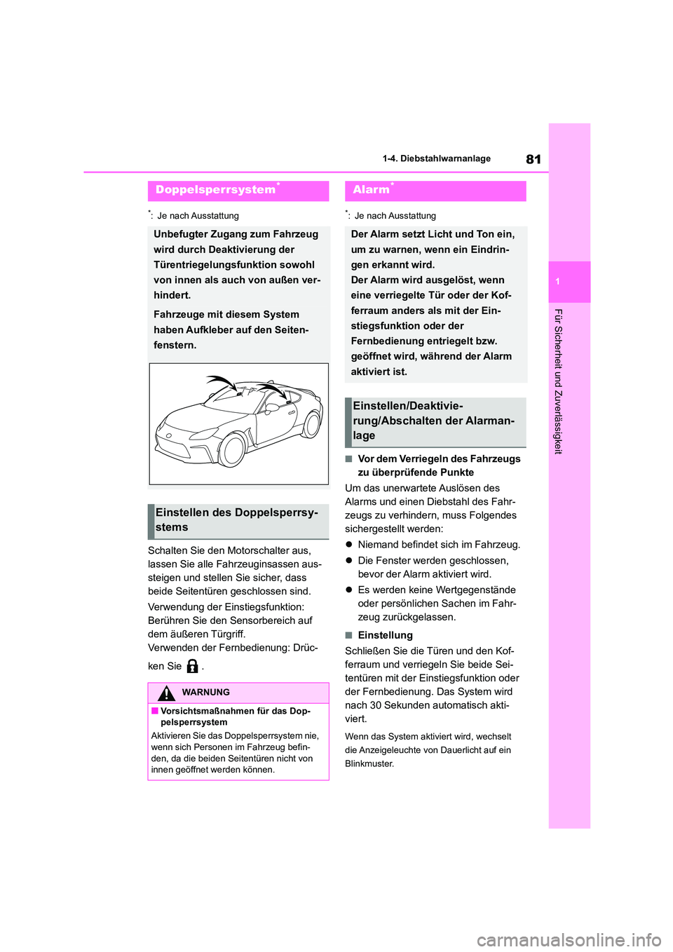 TOYOTA 86 2022  Betriebsanleitungen (in German) 81
1 
1-4. Diebstahlwarnanlage
Für Sicherheit und Zuverlässigkeit
*: Je nach Ausstattung
Schalten Sie den Motorschalter aus,  
lassen Sie alle Fahrzeuginsassen aus-
steigen und stellen Sie sicher, d
